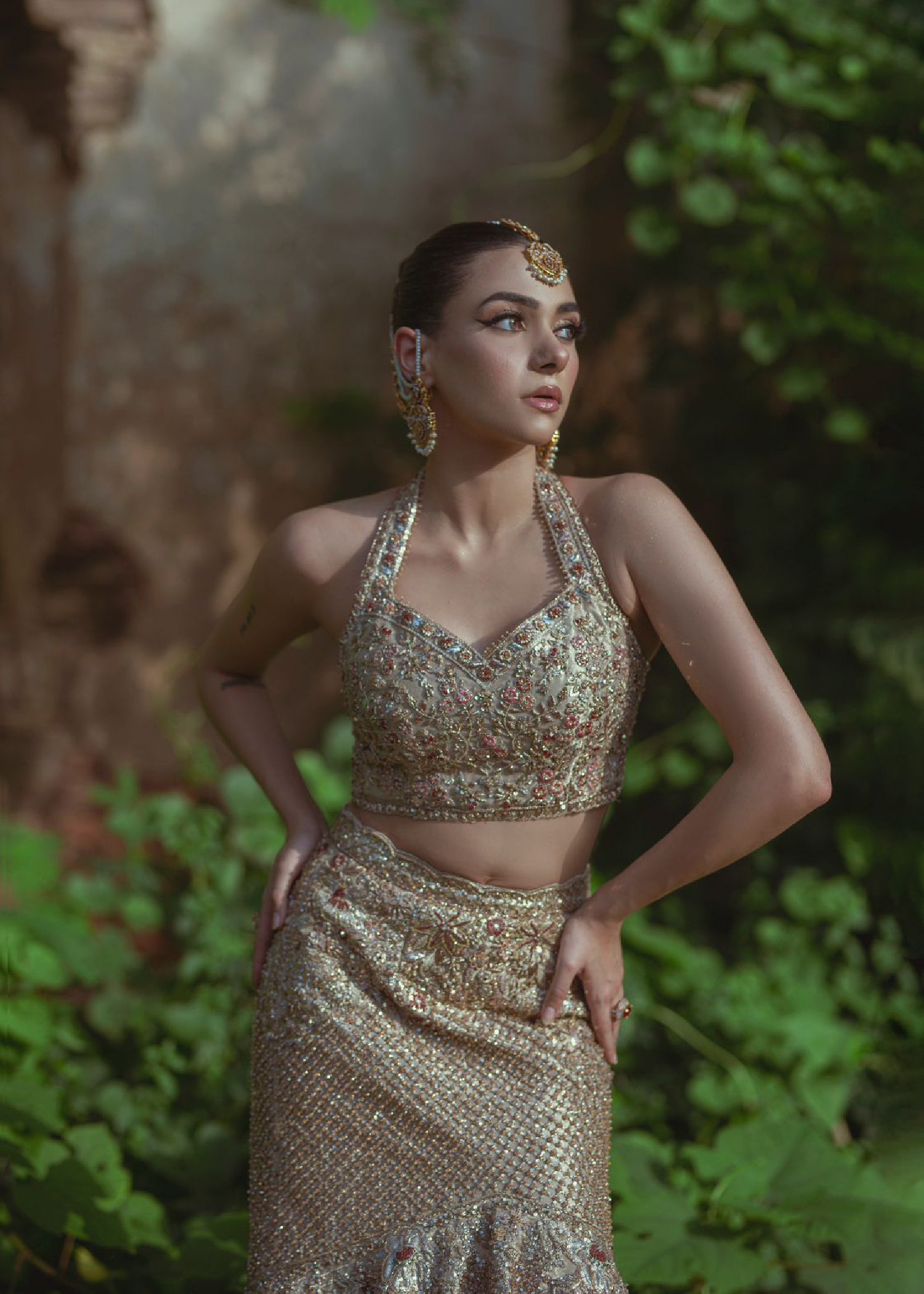 Champagne Gold Embellished Net Organza Lehenga (3-Piece) - Image 2