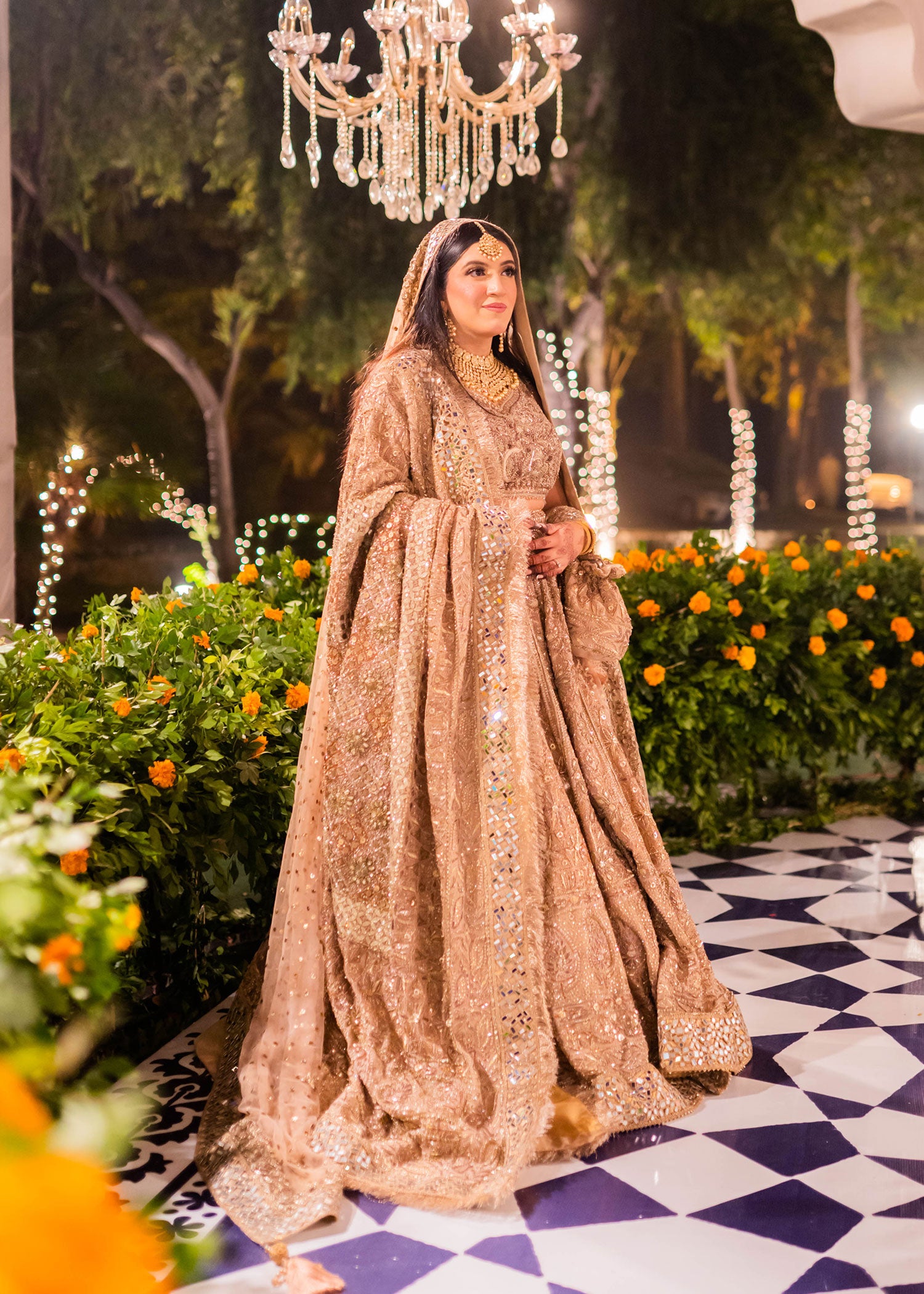 Champagne Gold Embellished Net Bridal Lehenga (3-Piece) - Image 1