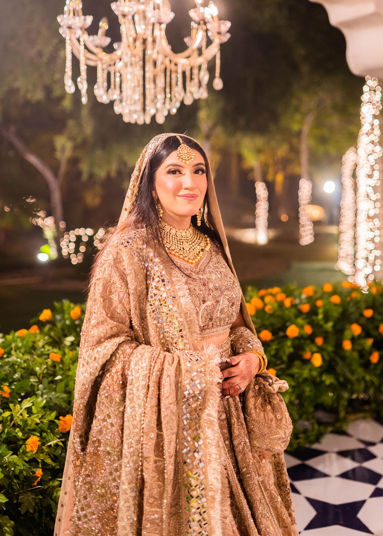 Champagne Gold Embellished Net Bridal Lehenga (3-Piece) - Image 2