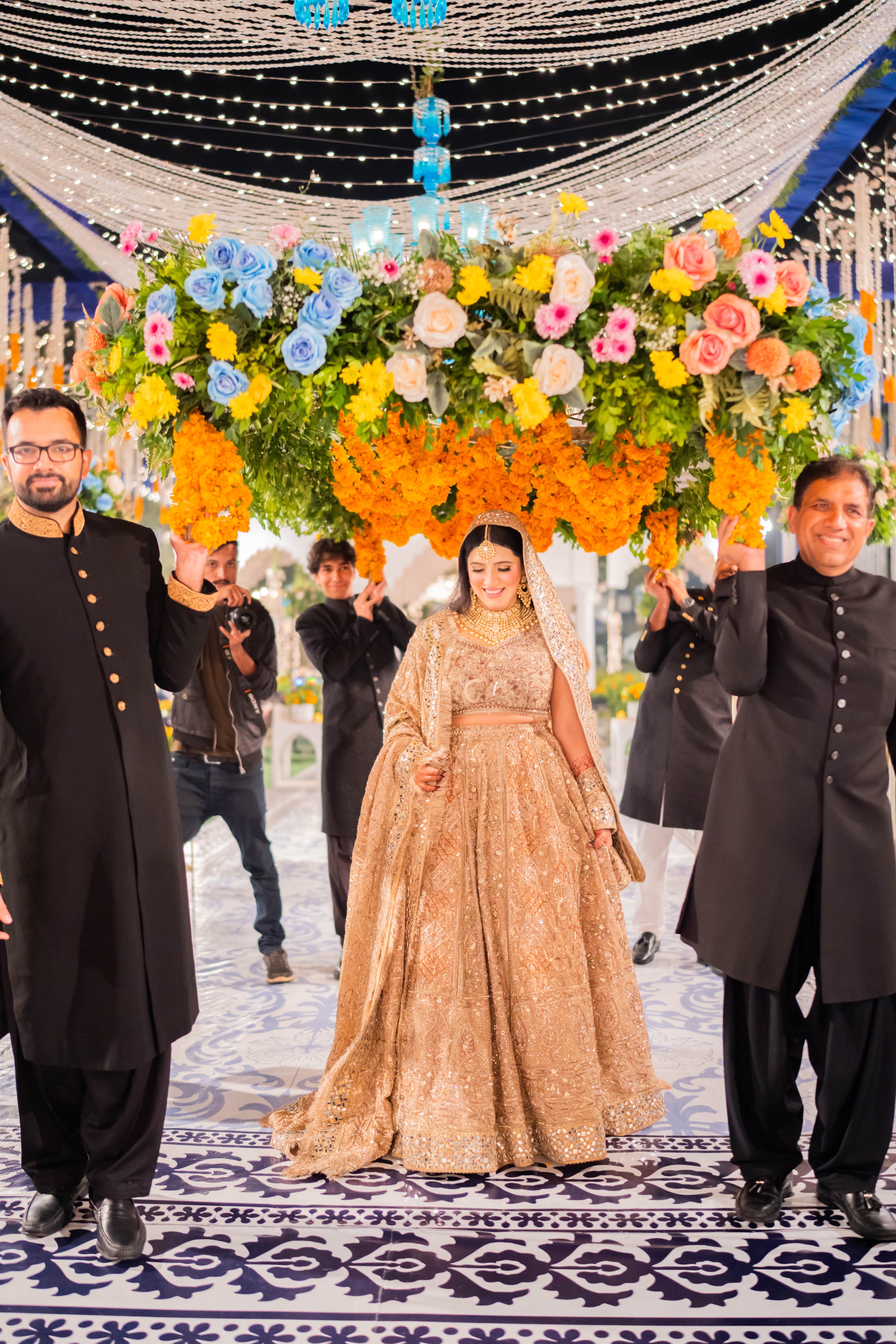 Champagne Gold Embellished Net Bridal Lehenga (3-Piece) - Image 3