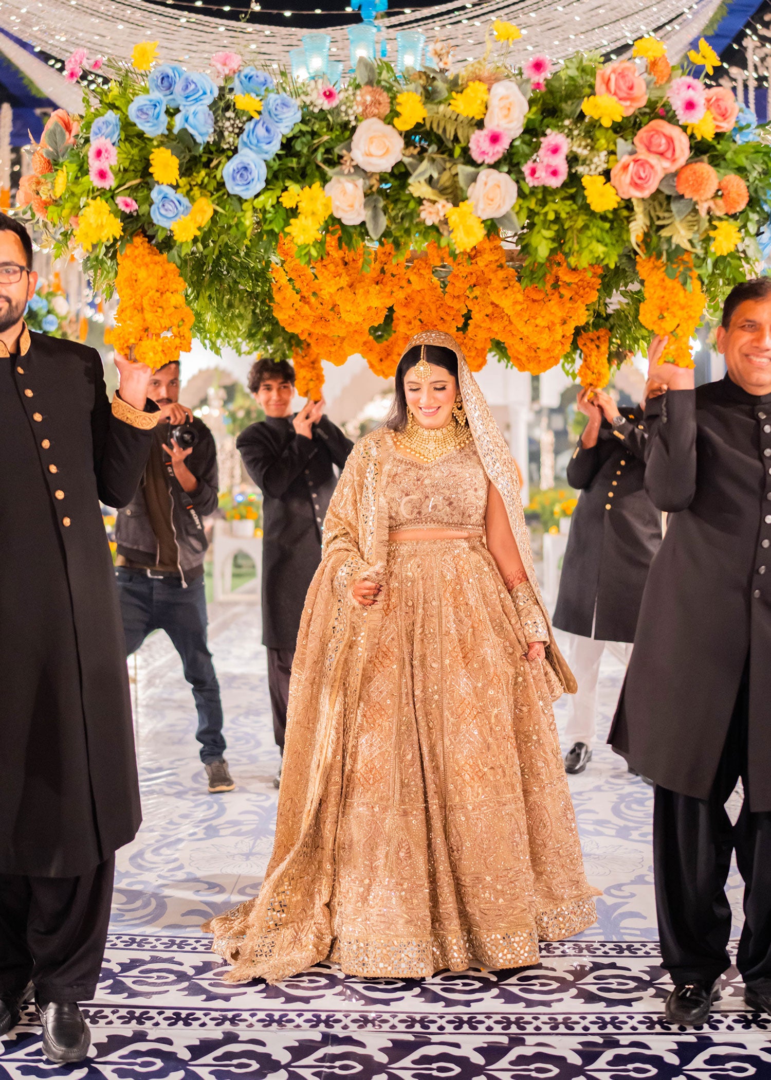 Champagne Gold Embellished Net Bridal Lehenga (3-Piece) - Image 4