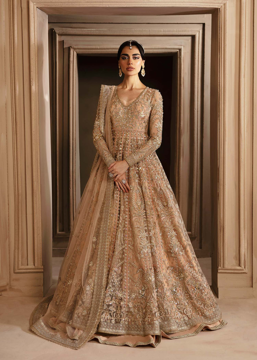 Pakistani Champagne Hand-Embellished Net Organza Bridal Lehenga (3-Piece) - Image 1