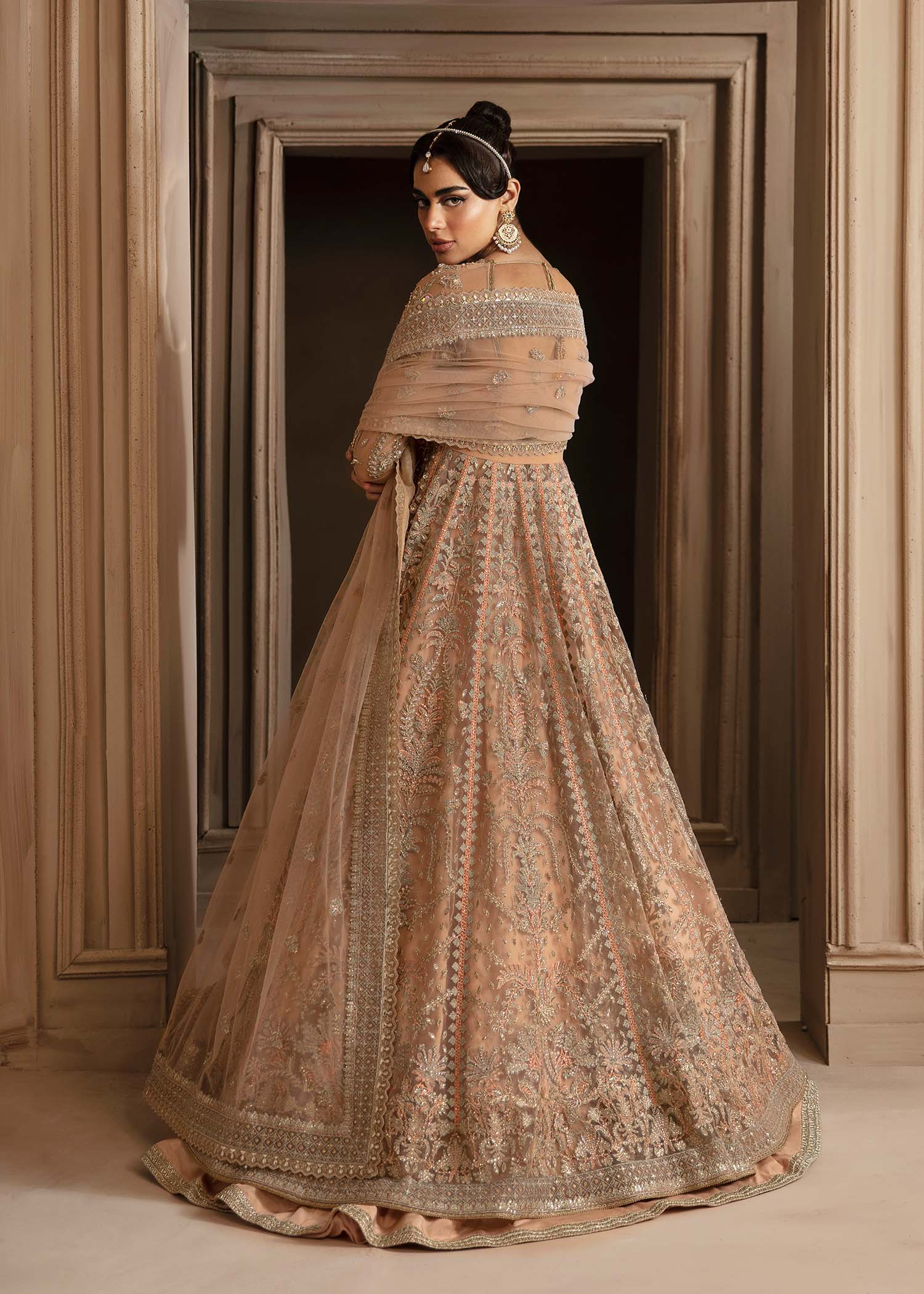 Pakistani Champagne Hand-Embellished Net Organza Bridal Lehenga (3-Piece) - Image 4