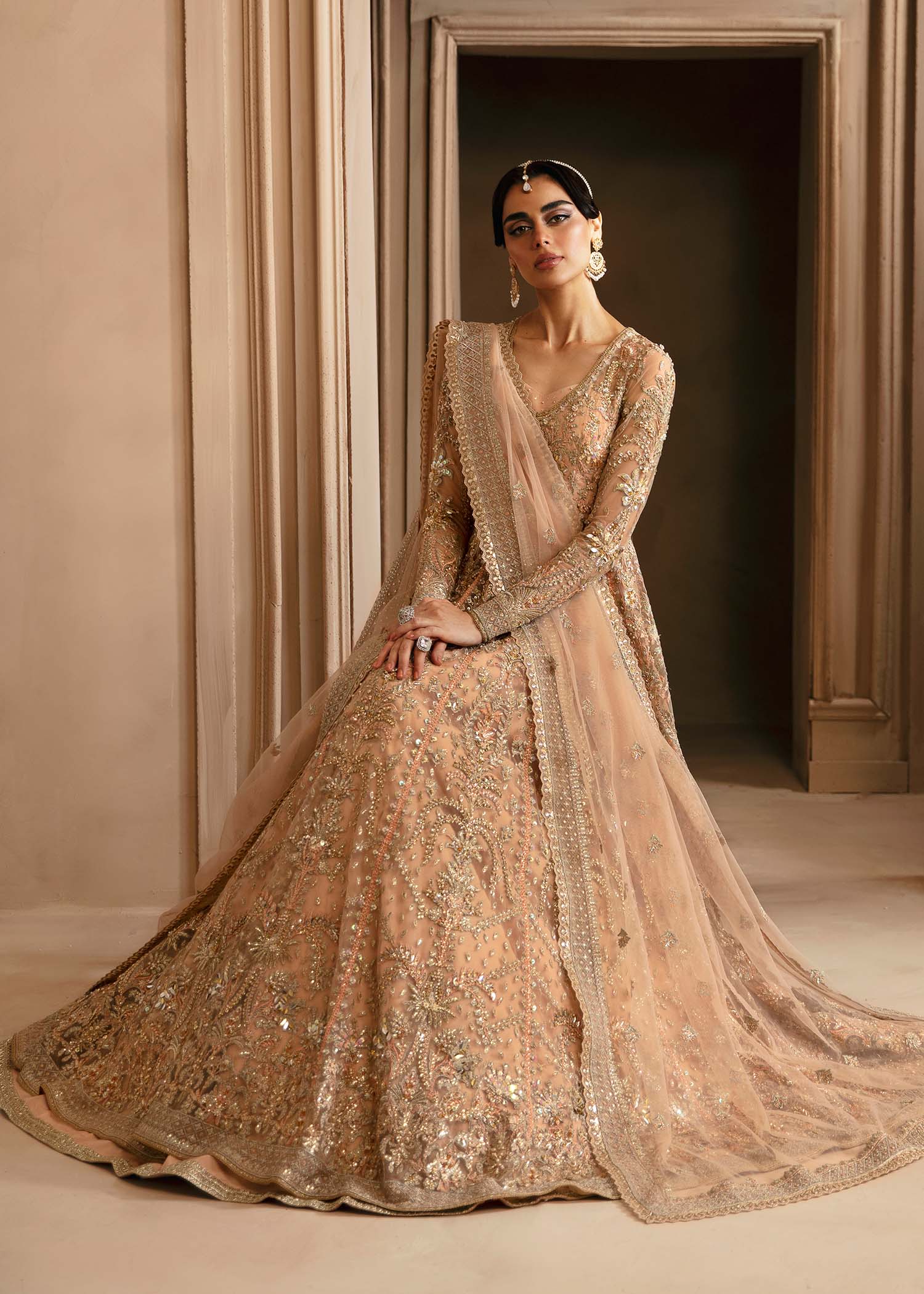 Pakistani Champagne Hand-Embellished Net Organza Bridal Lehenga (3-Piece) - Image 5