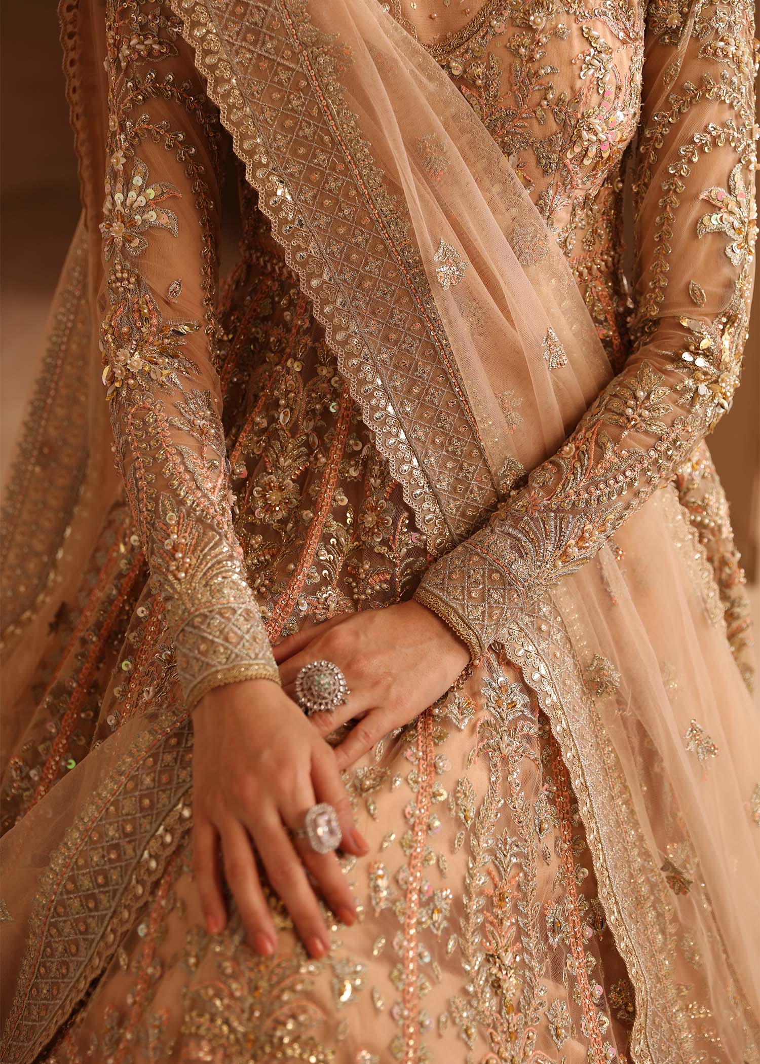 Pakistani Champagne Hand-Embellished Net Organza Bridal Lehenga (3-Piece) - Image 6