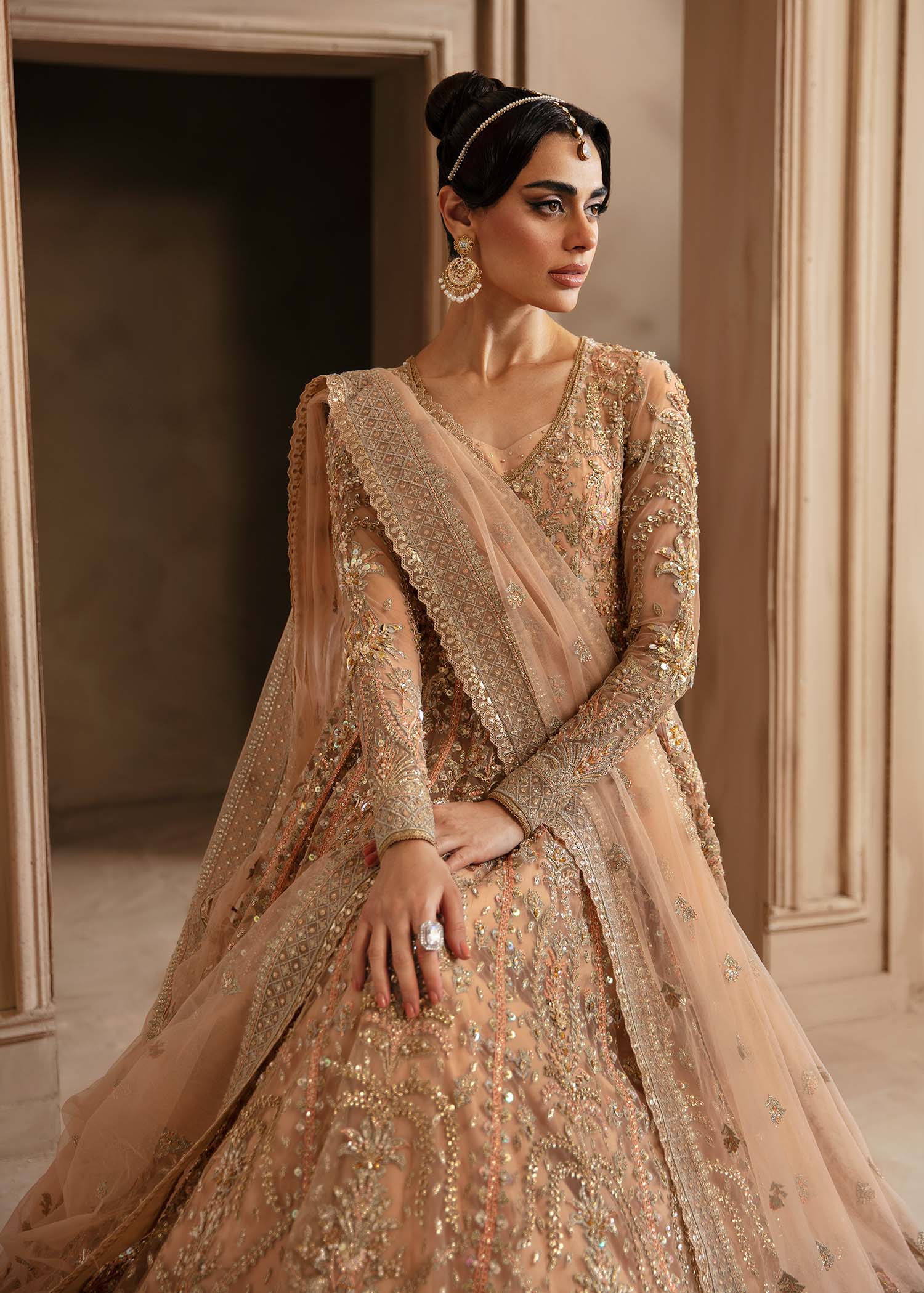 Pakistani Champagne Hand-Embellished Net Organza Bridal Lehenga (3-Piece) - Image 8