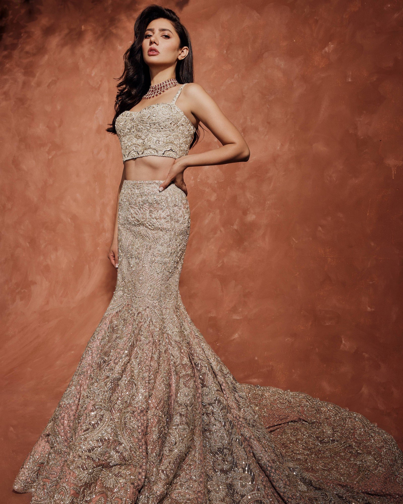 Champagne Embellished Net Organza Mermaid Lehenga (2-Piece) - Image 1