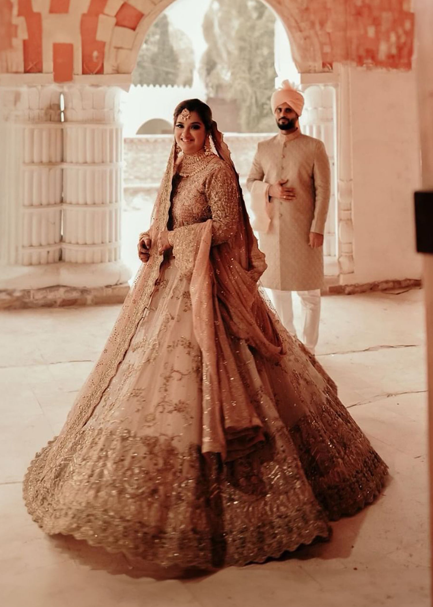 Pakistani Blush Gold Embellished Net Organza Bridal Lehenga (3-Piece) - Image 1