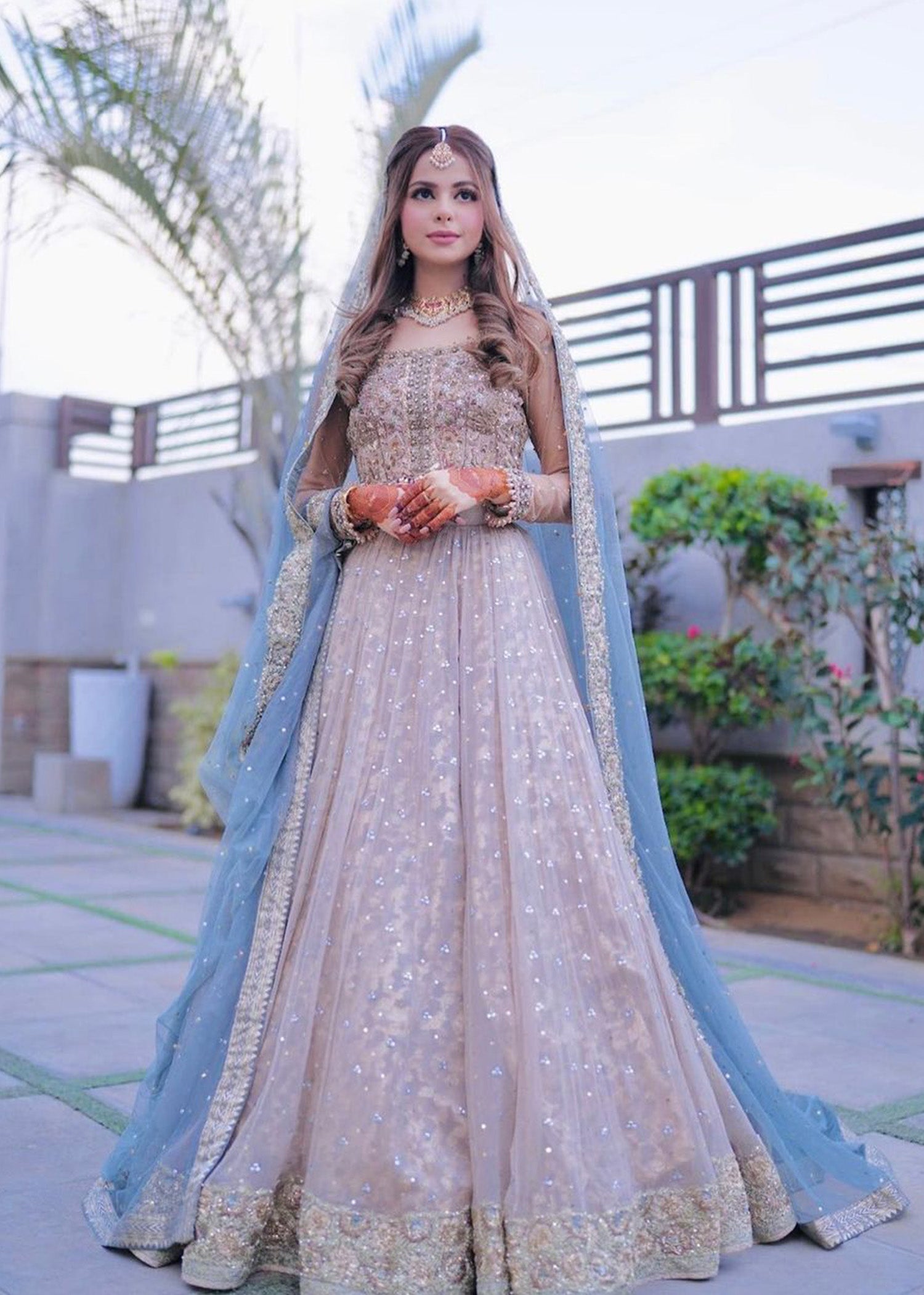 Pakistani Champagne and Dusty Blue Embellished Bridal Lehenga (3-Piece) - Image 1