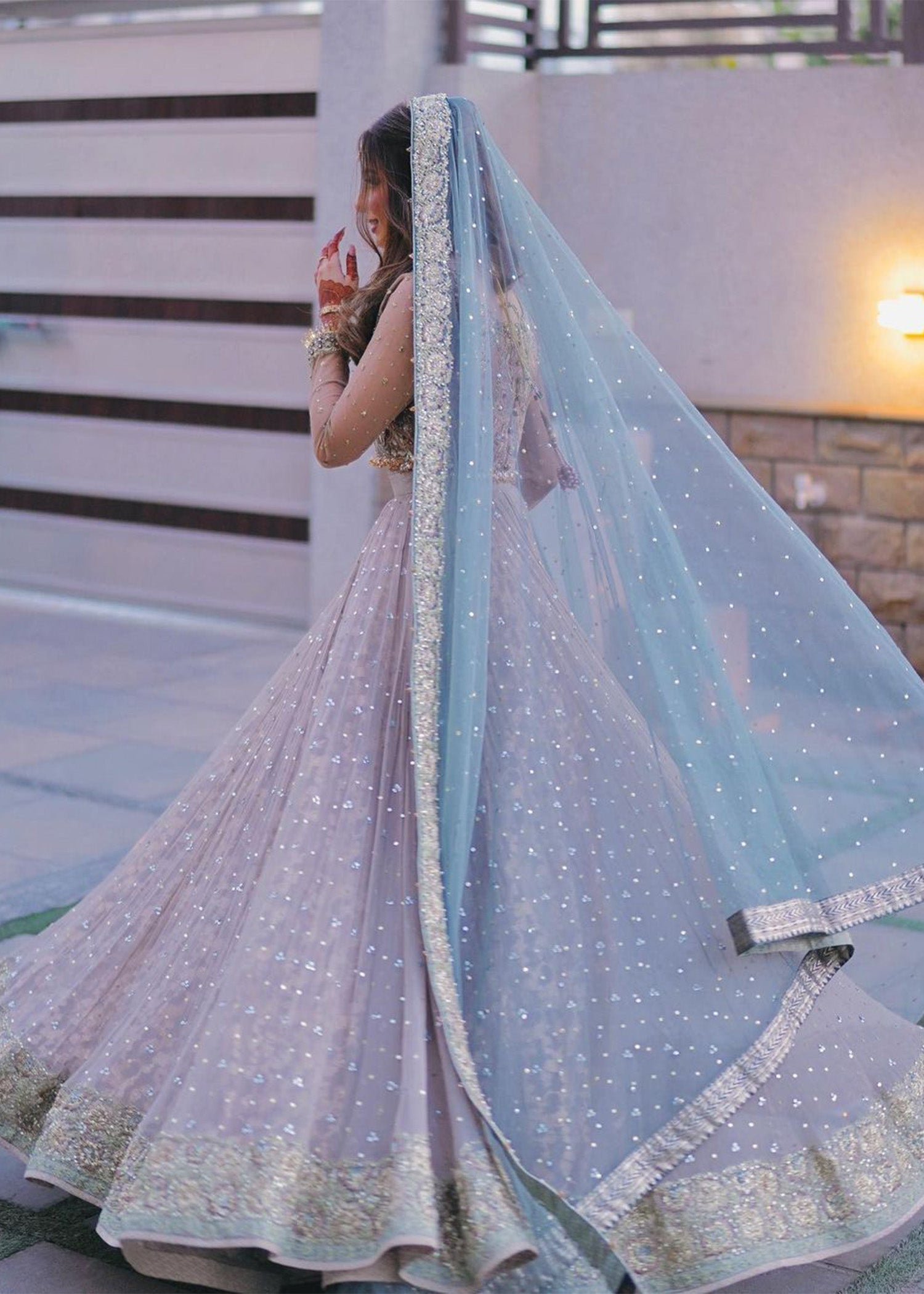 Pakistani Champagne and Dusty Blue Embellished Bridal Lehenga (3-Piece) - Image 2