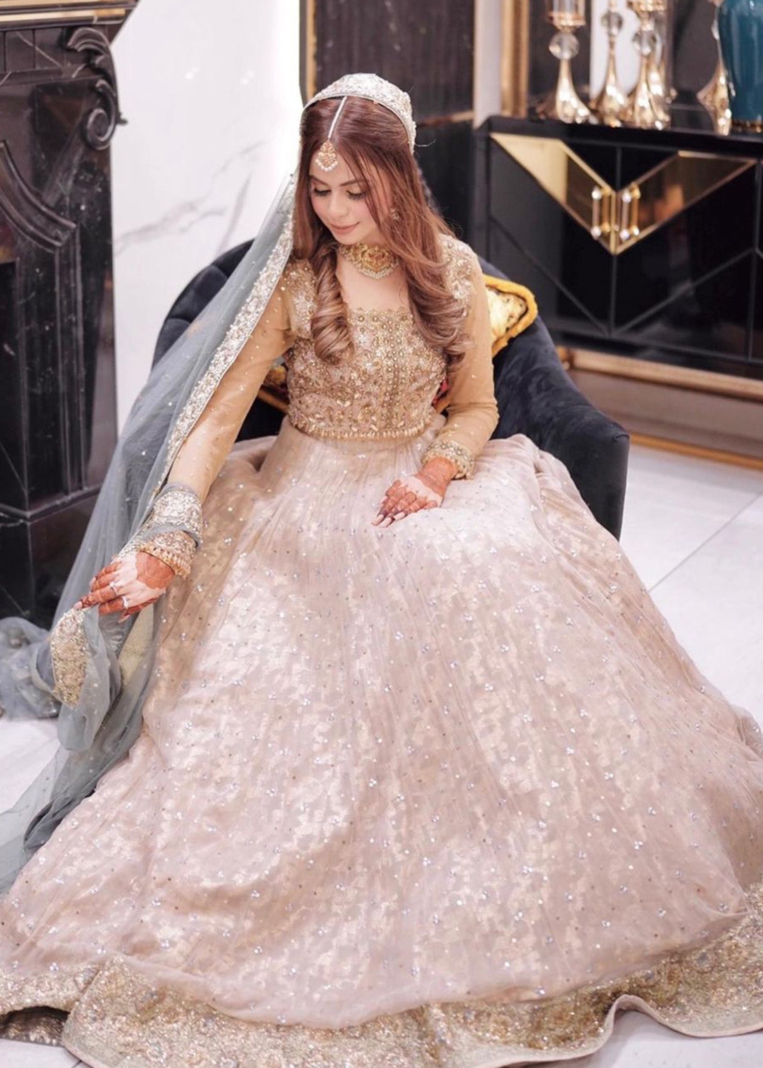 Pakistani Champagne and Dusty Blue Embellished Bridal Lehenga (3-Piece) - Image 3