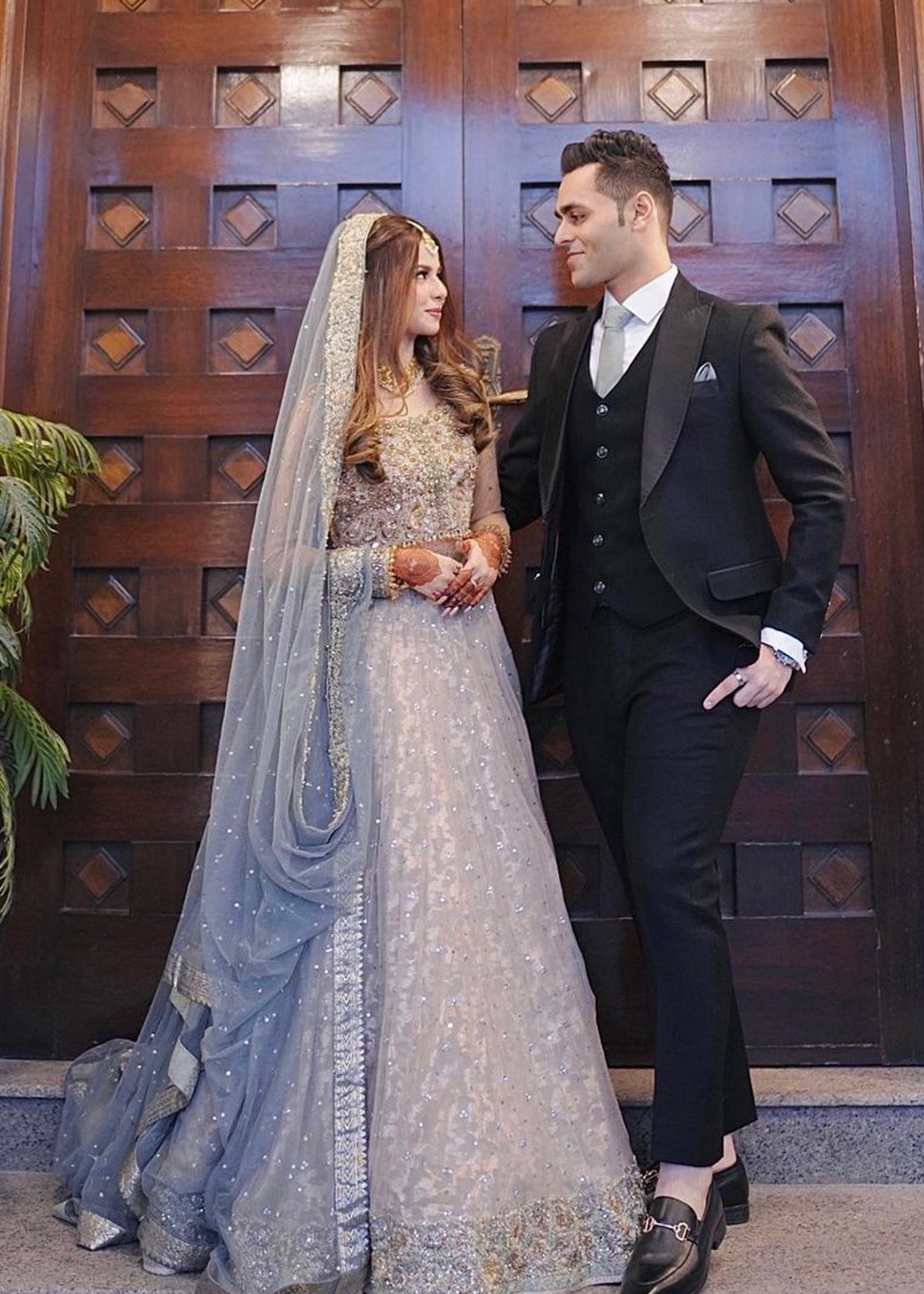 Pakistani Champagne and Dusty Blue Embellished Bridal Lehenga (3-Piece) - Image 4