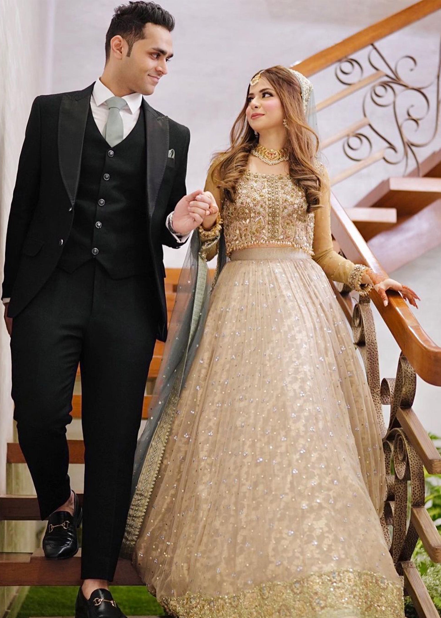 Pakistani Champagne and Dusty Blue Embellished Bridal Lehenga (3-Piece) - Image 5