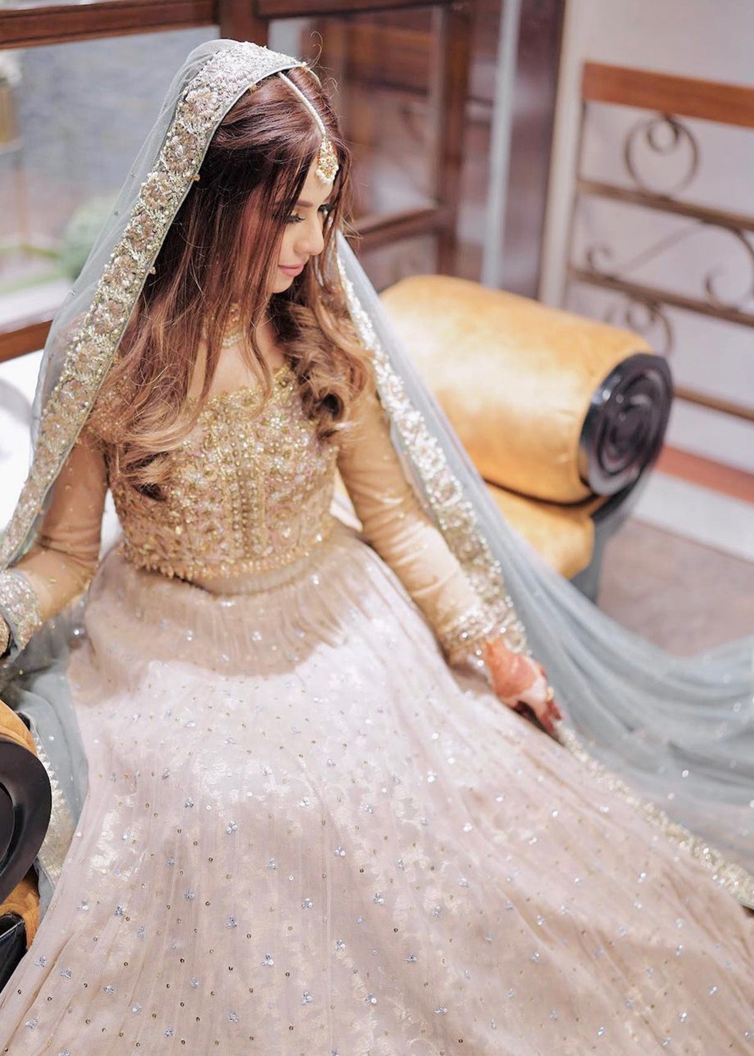 Pakistani Champagne and Dusty Blue Embellished Bridal Lehenga (3-Piece) - Image 6