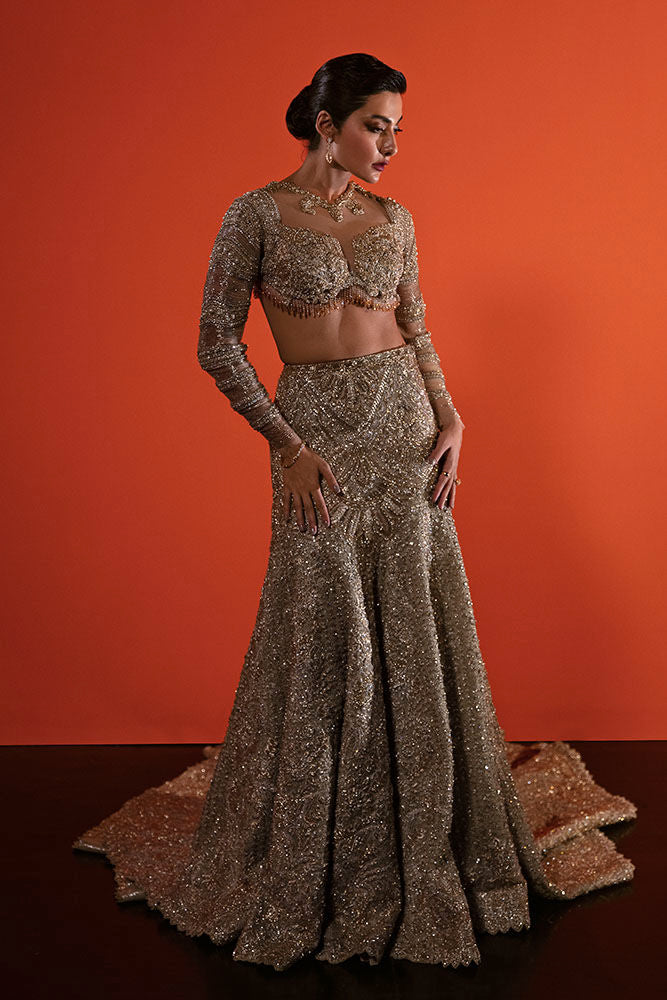 Pakistani Gold Hand-Embellished Net Bridal Lehenga (2-Piece) - Image 2