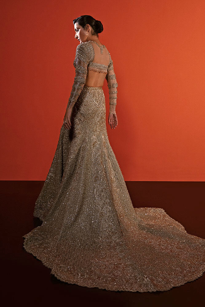 Pakistani Gold Hand-Embellished Net Bridal Lehenga (2-Piece) - Image 3