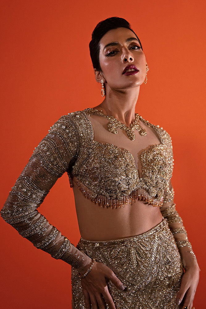 Pakistani Gold Hand-Embellished Net Bridal Lehenga (2-Piece) - Image 5