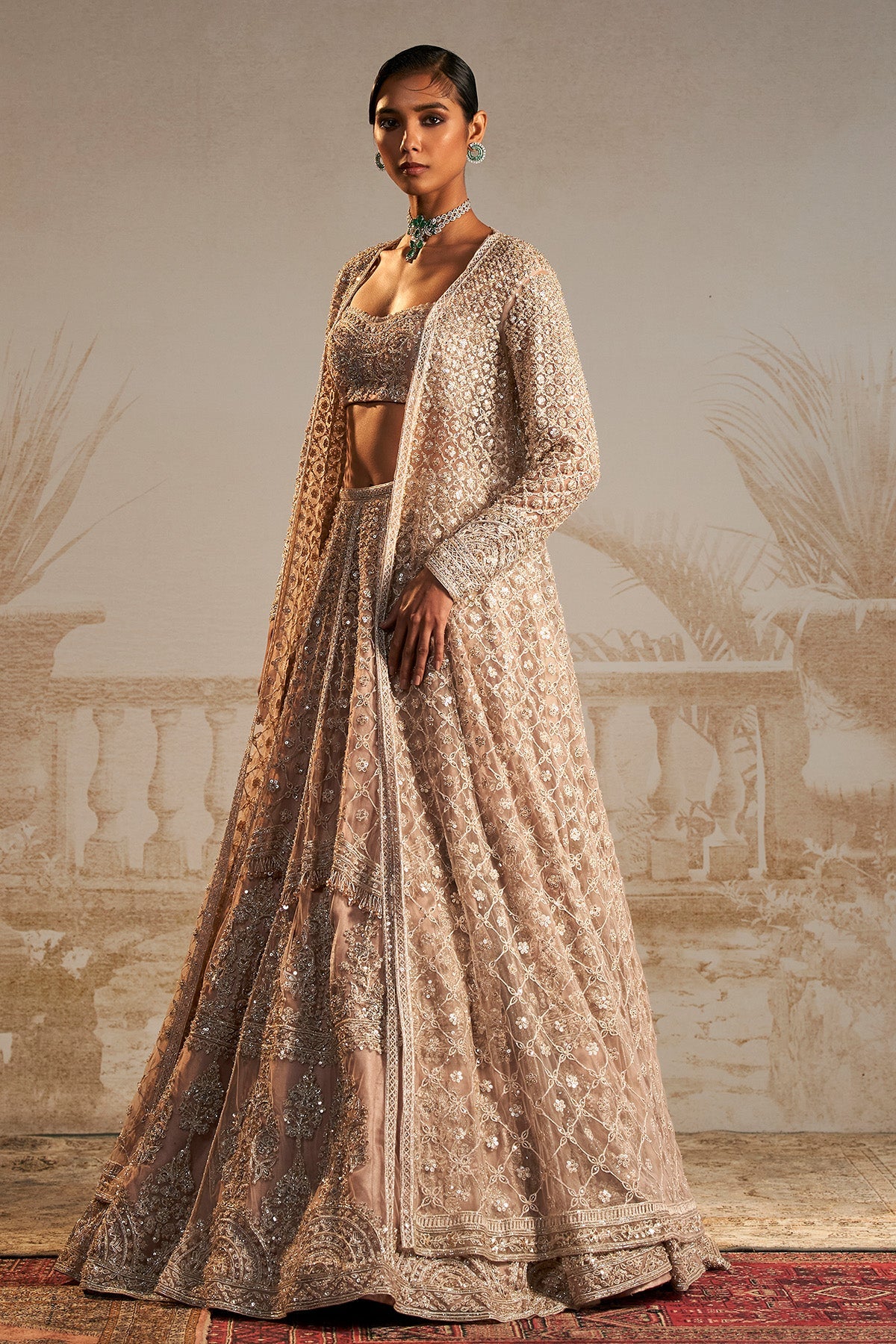 Champagne Embroidered Net Lehenga Set (3-Piece) - Image 1