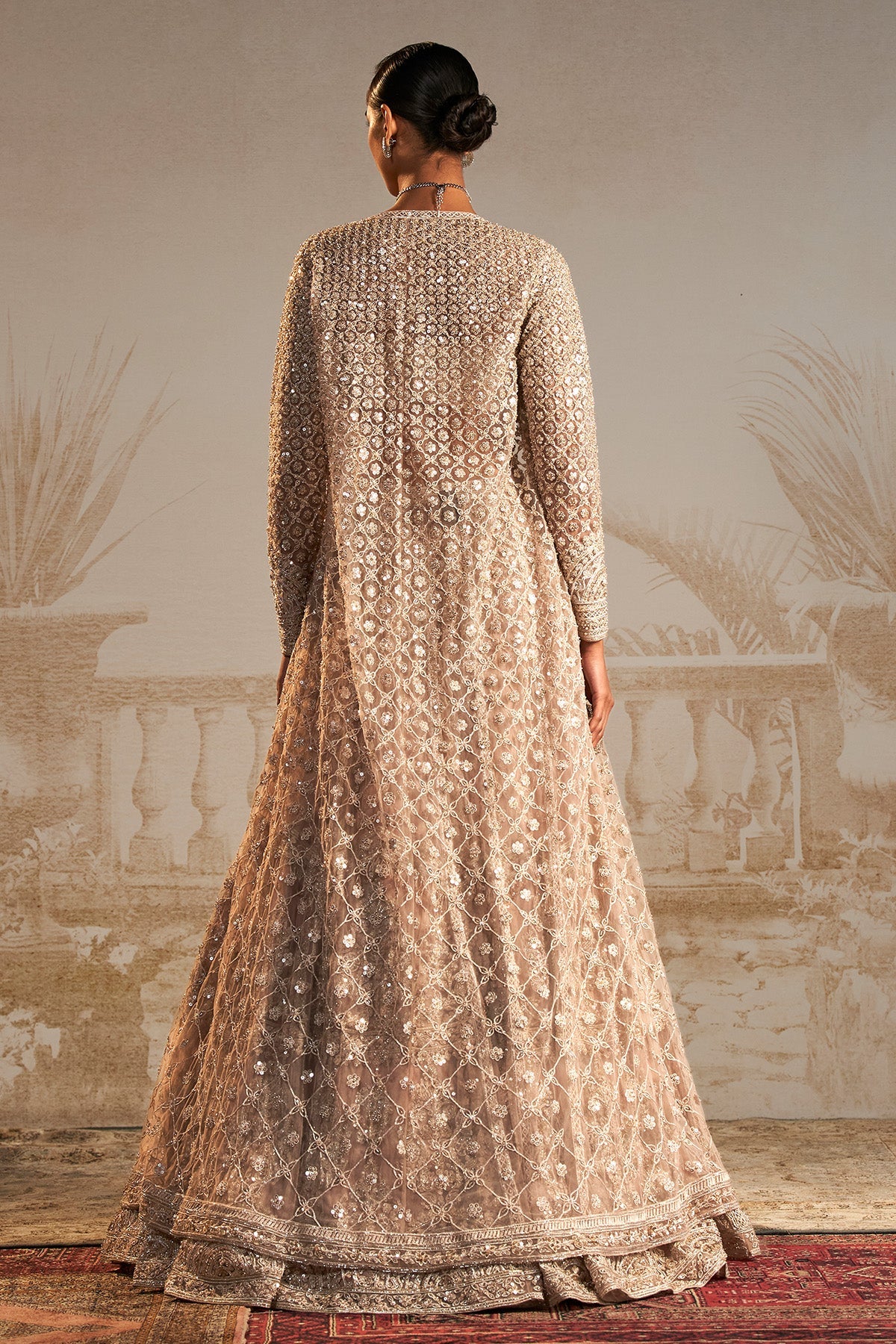 Champagne Embroidered Net Lehenga Set (3-Piece) - Image 4