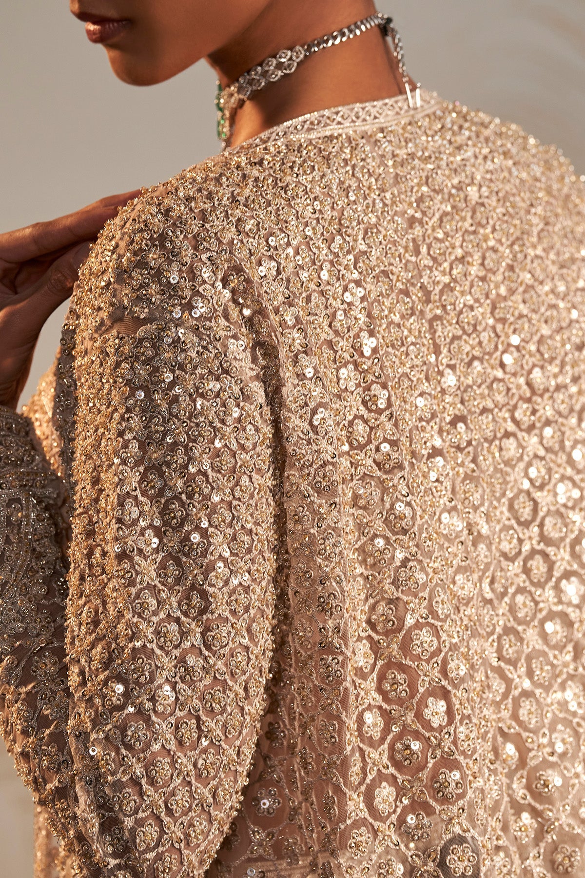 Champagne Embroidered Net Lehenga Set (3-Piece) - Image 5