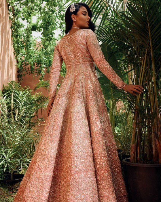 Pakistani Champagne Embellished Net Silk Mermaid Lehenga (2-Piece) - Image 10