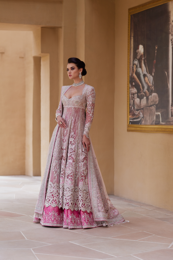 Pakistani Champagne Embellished Net Silk Mermaid Lehenga (2-Piece) - Image 4