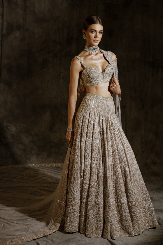 Pakistani Champagne Embellished Net Silk Mermaid Lehenga (2-Piece) - Image 9