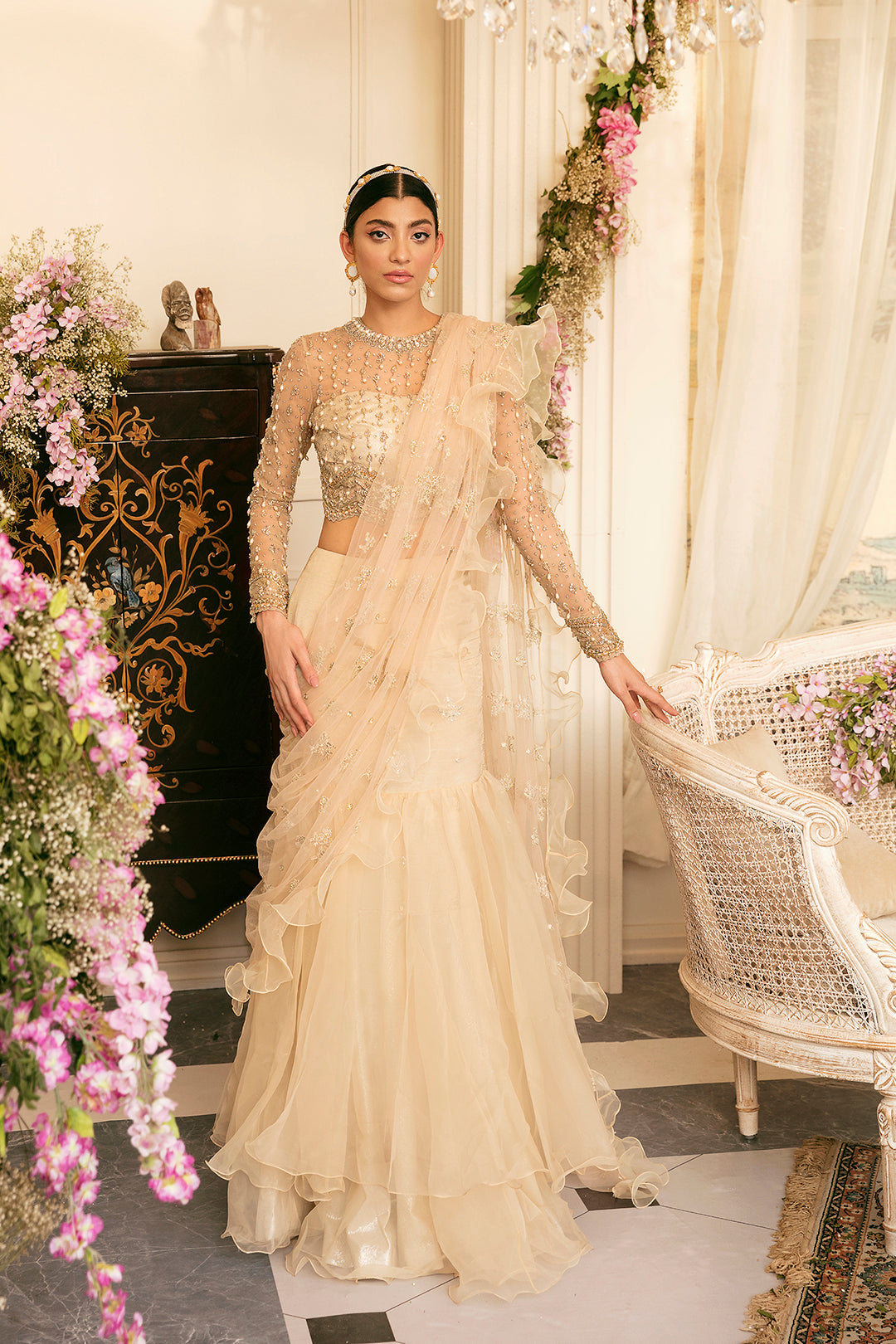 Champagne Embellished Net Lehenga Set (3-Piece) - Image 1