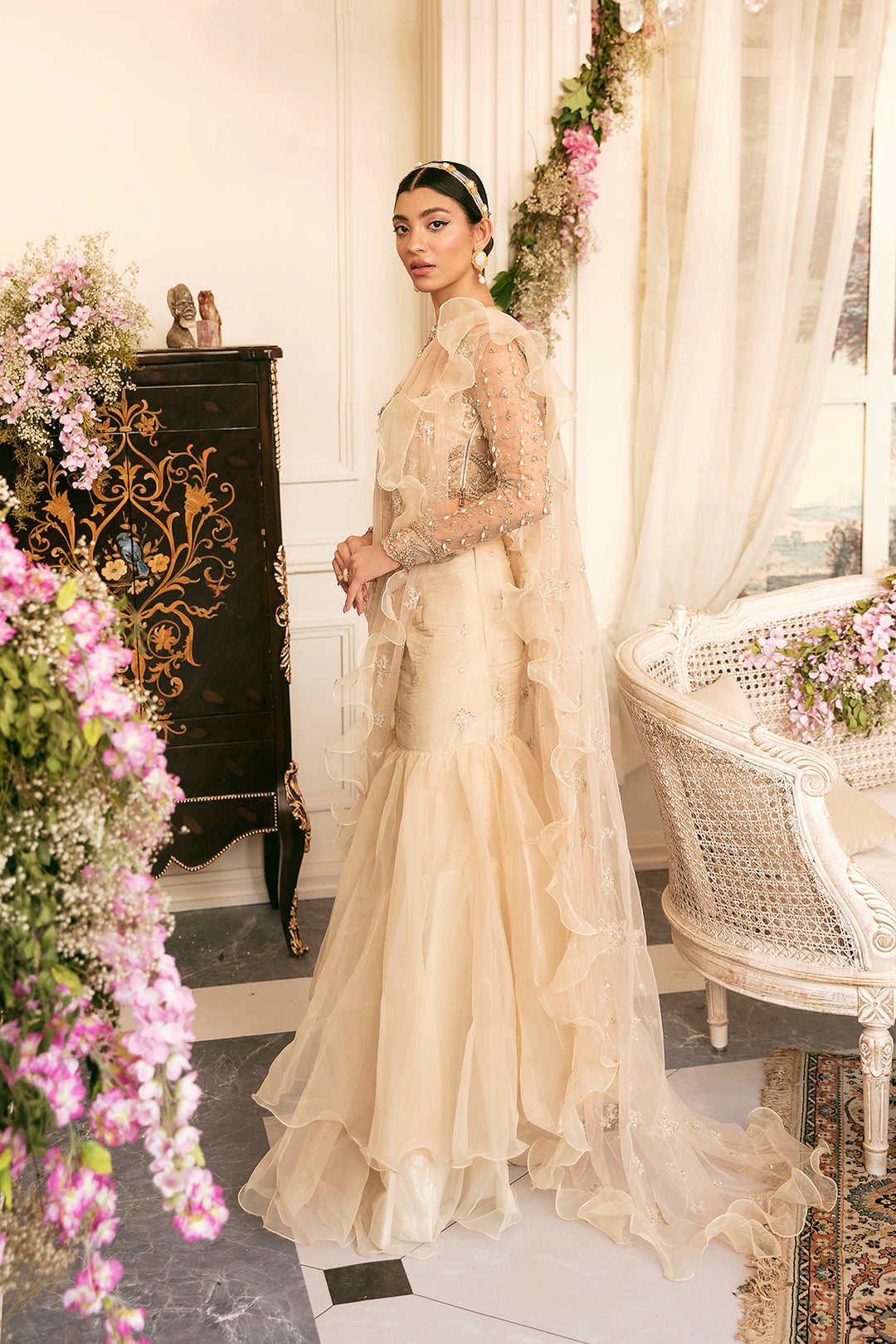 Champagne Embellished Net Lehenga Set (3-Piece) - Image 3