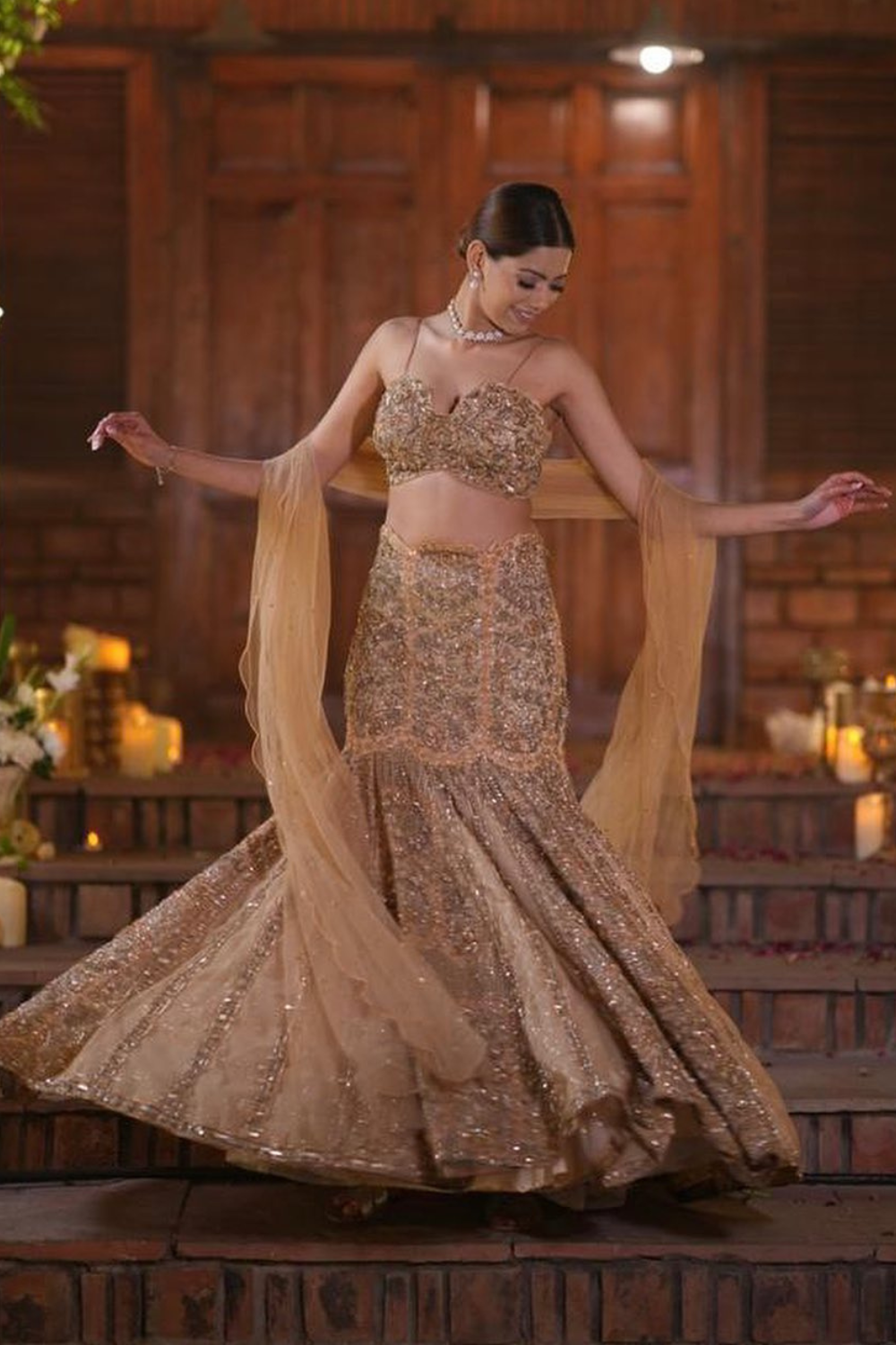 Pakistani Gold Hand-Embroidered Net Fish-Cut Lehenga (3-Piece) - Image 1