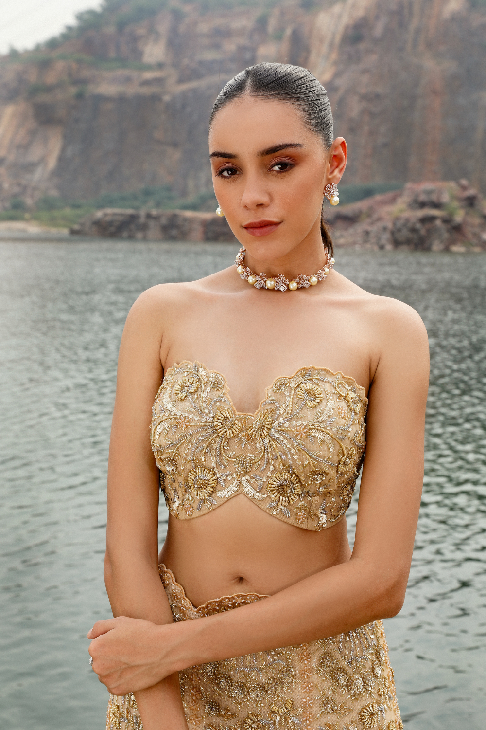 Pakistani Gold Hand-Embroidered Net Fish-Cut Lehenga (3-Piece) - Image 6