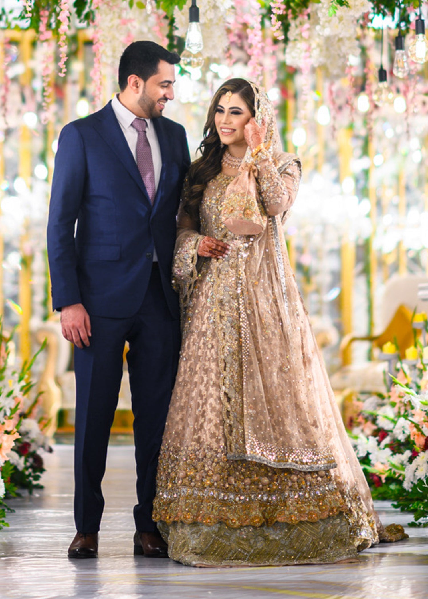 Pakistani Champagne Gold Embellished Net Silk Bridal Lehenga (3-Piece) - Image 1