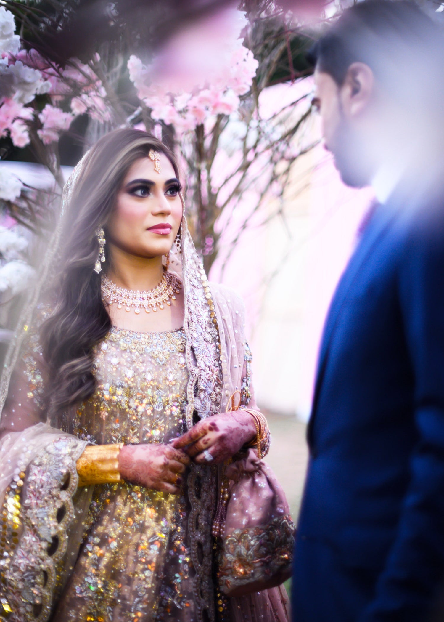 Pakistani Champagne Gold Embellished Net Silk Bridal Lehenga (3-Piece) - Image 2