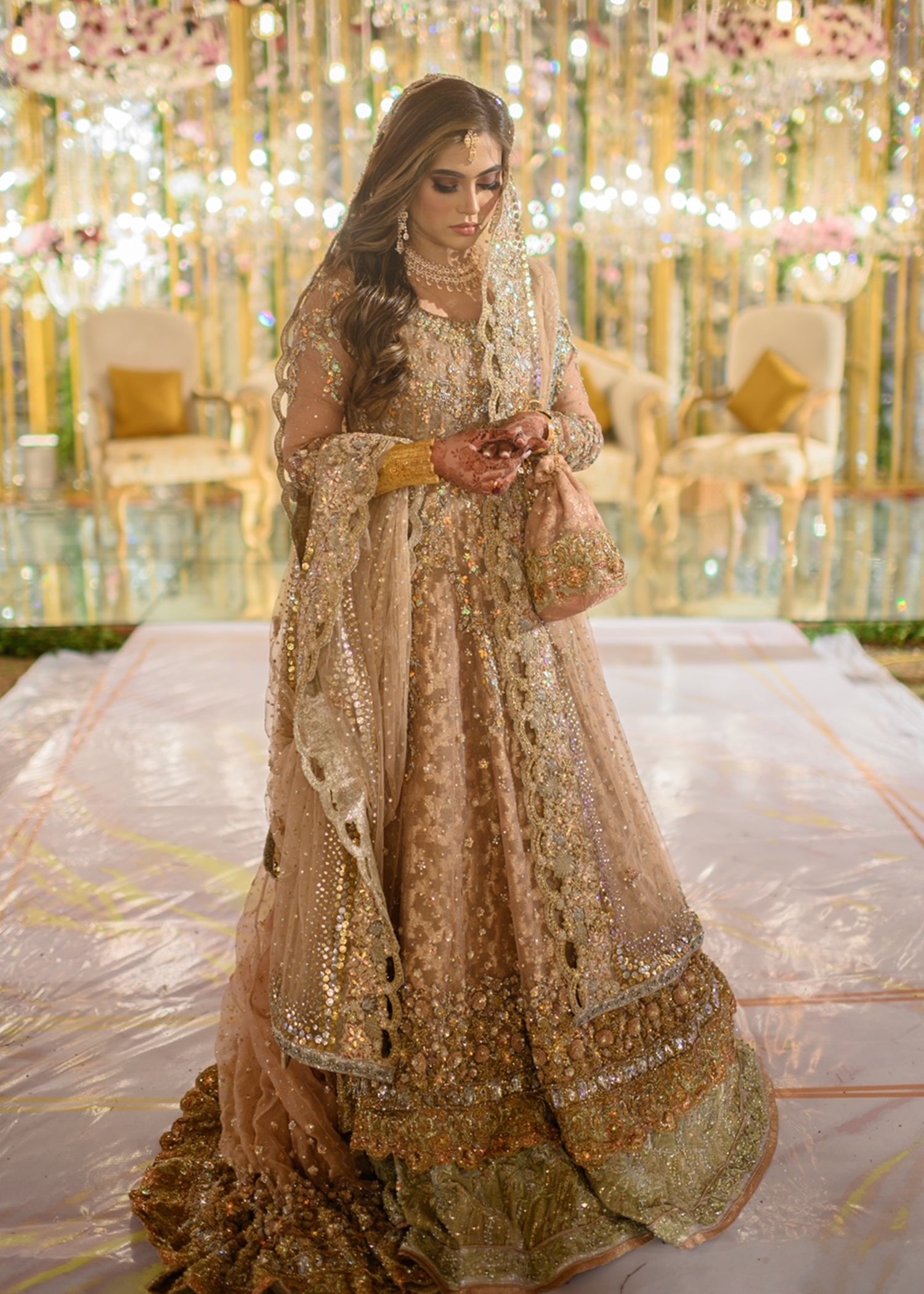 Pakistani Champagne Gold Embellished Net Silk Bridal Lehenga (3-Piece) - Image 3