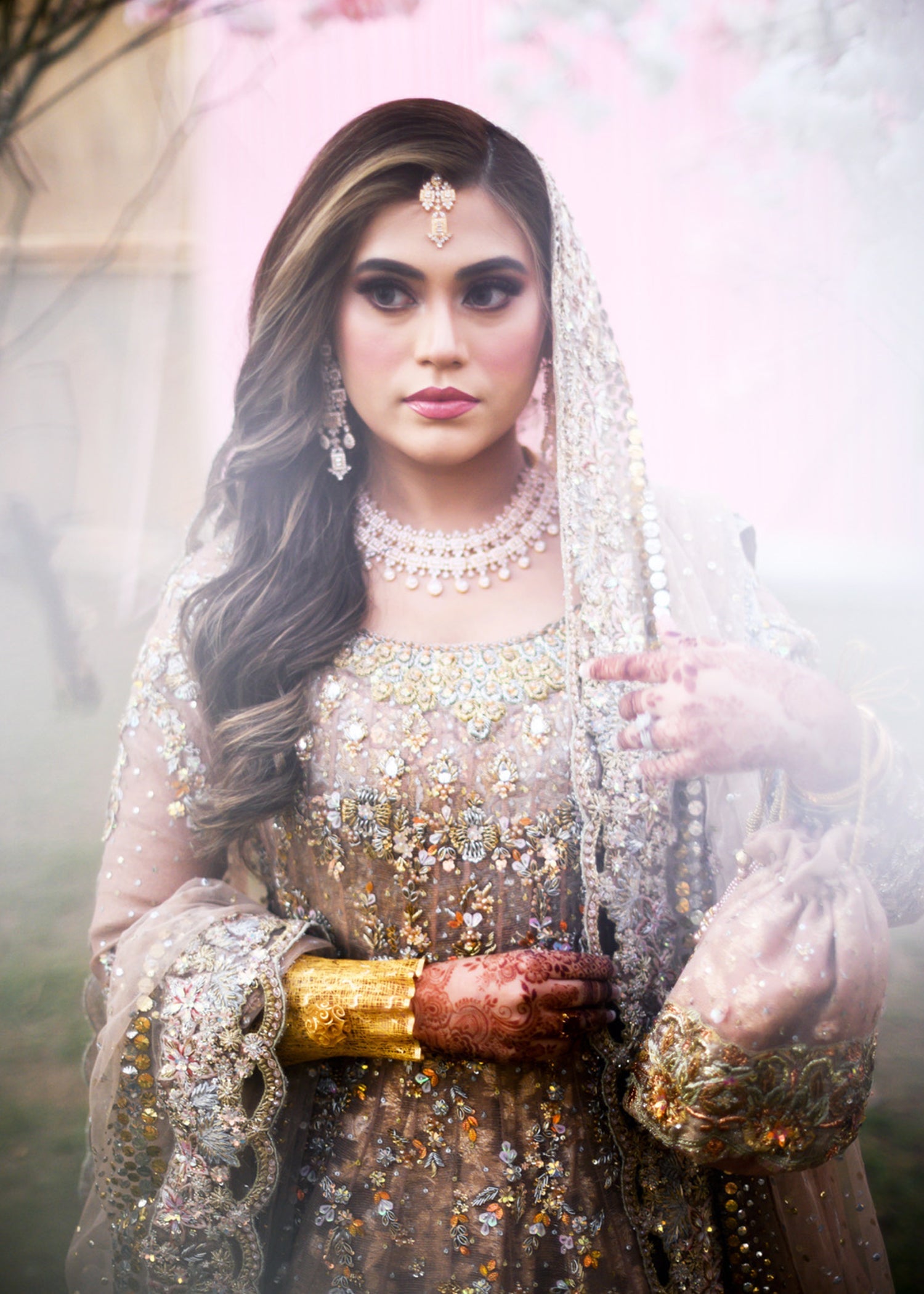 Pakistani Champagne Gold Embellished Net Silk Bridal Lehenga (3-Piece) - Image 4