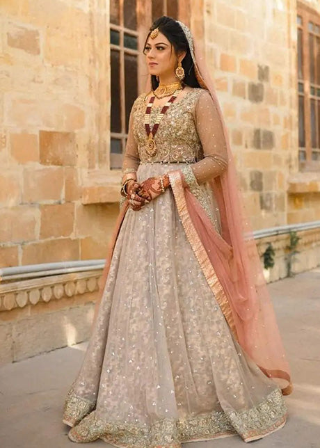 Champagne Peach Embellished Net Bridal Lehenga (3-Piece) - Image 11