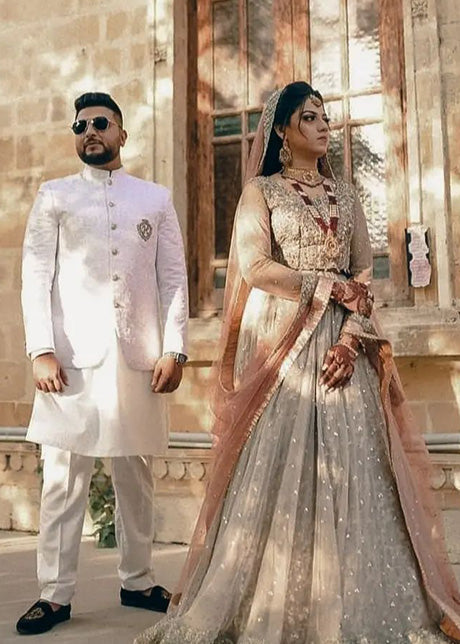 Champagne Peach Embellished Net Bridal Lehenga (3-Piece) - Image 3