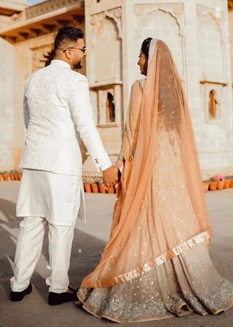 Champagne Peach Embellished Net Bridal Lehenga (3-Piece) - Image 5