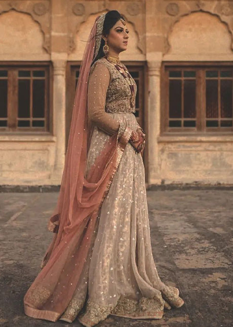 Champagne Peach Embellished Net Bridal Lehenga (3-Piece) - Image 8