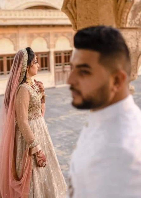 Champagne Peach Embellished Net Bridal Lehenga (3-Piece) - Image 9