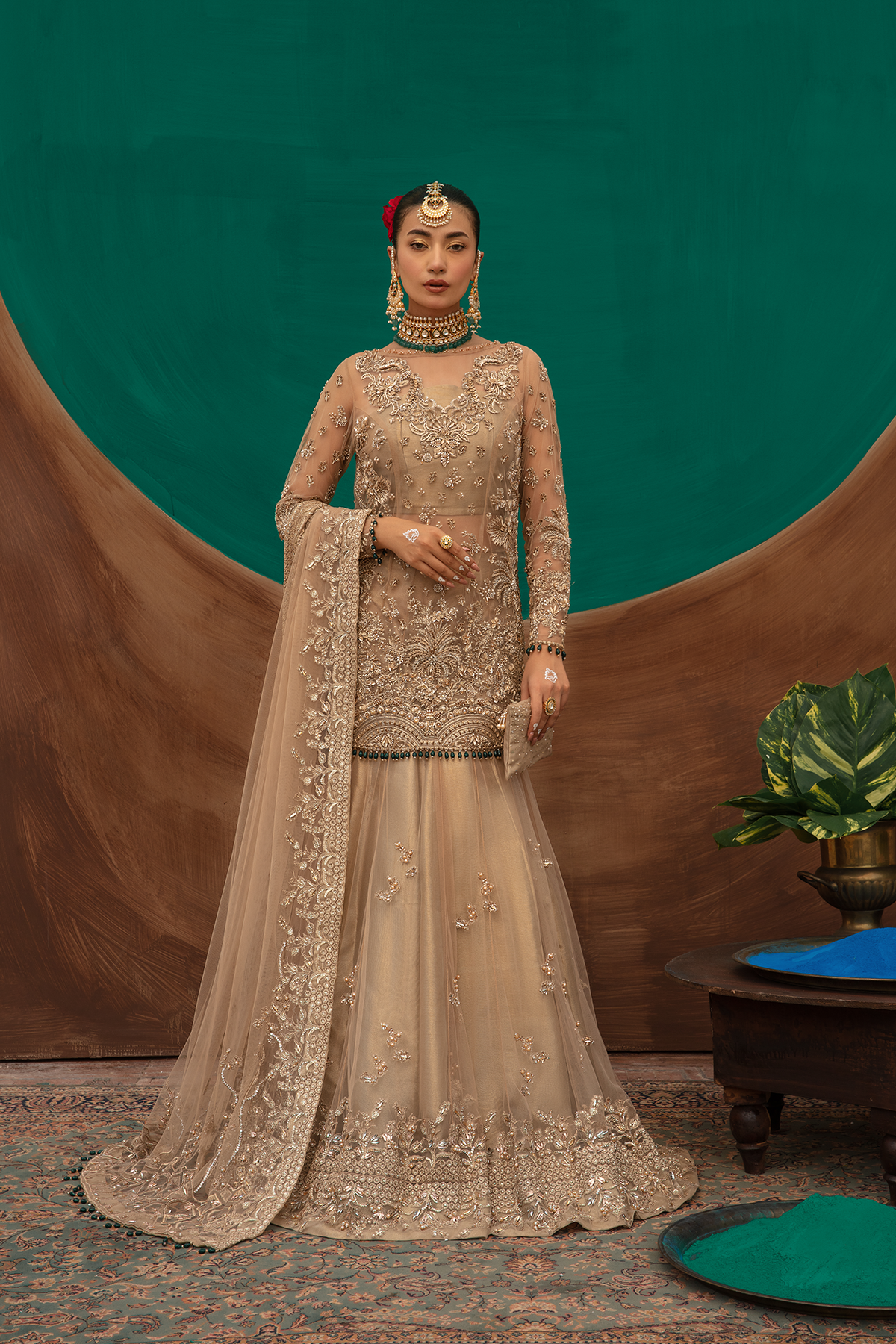 Pakistani Gold Embellished Net Mermaid Shirt & Flared Lehenga (3-Piece) - Image 1