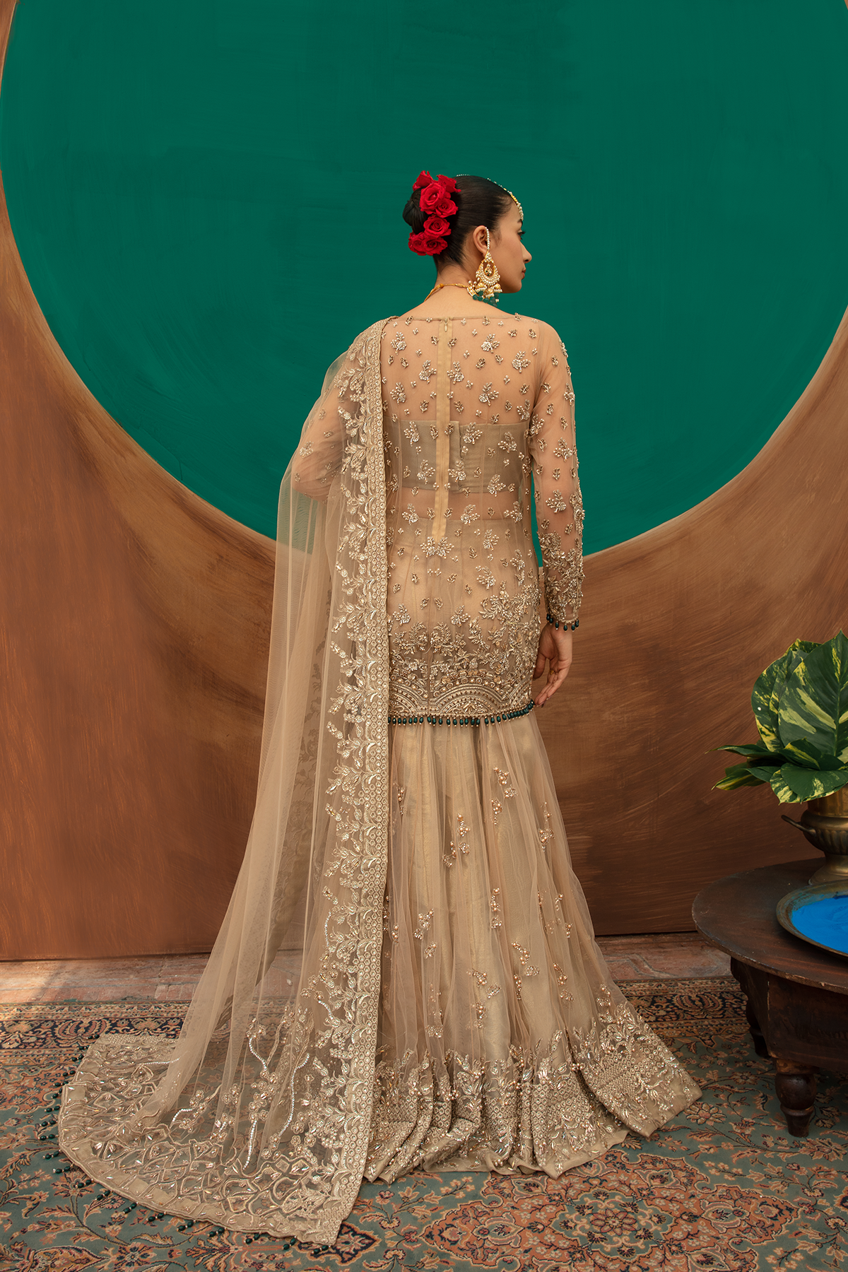 Pakistani Gold Embellished Net Mermaid Shirt & Flared Lehenga (3-Piece) - Image 5