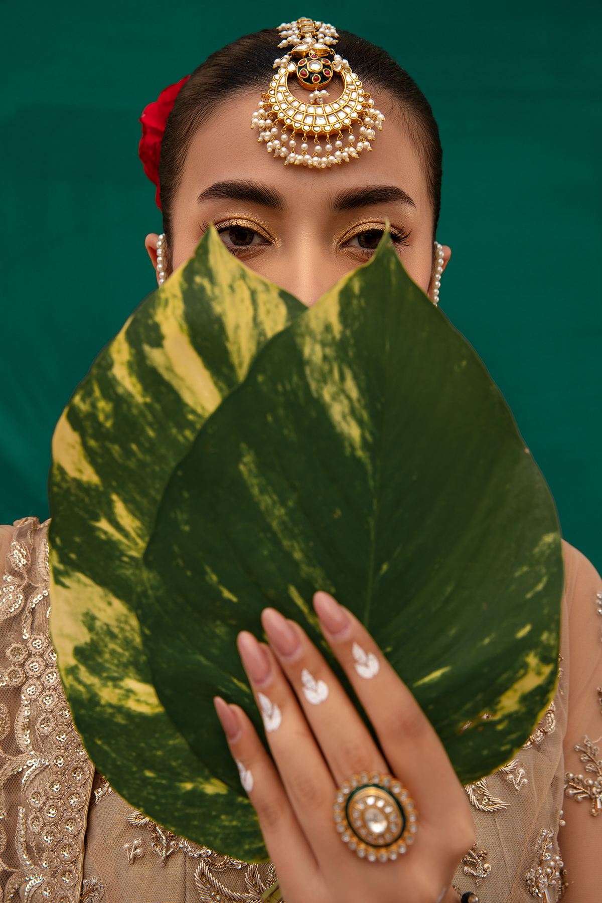 Pakistani Gold Embellished Net Mermaid Shirt & Flared Lehenga (3-Piece) - Image 6