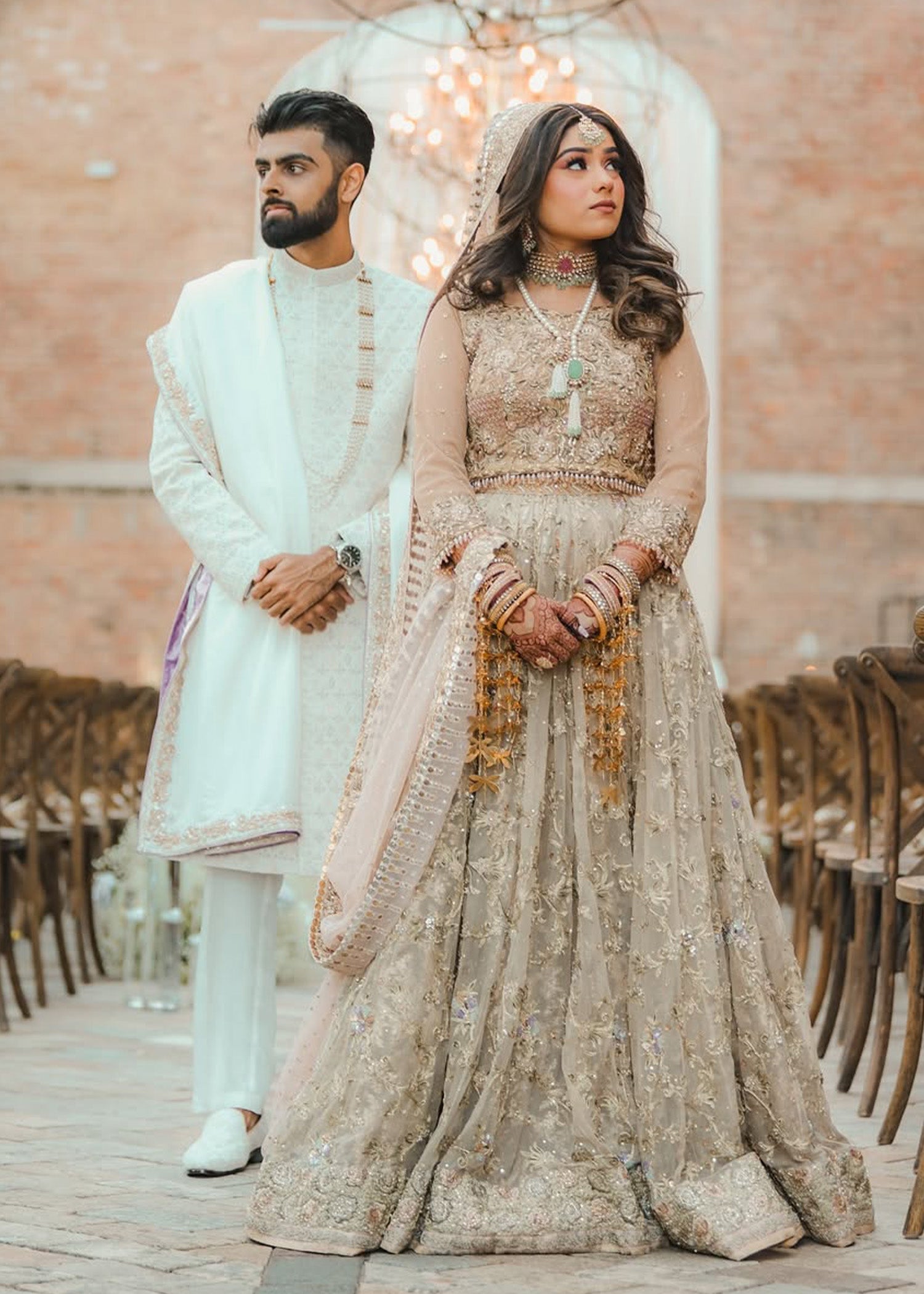 Champagne Gold Embellished Net Silk Bridal Lehenga (3-Piece) - Image 1