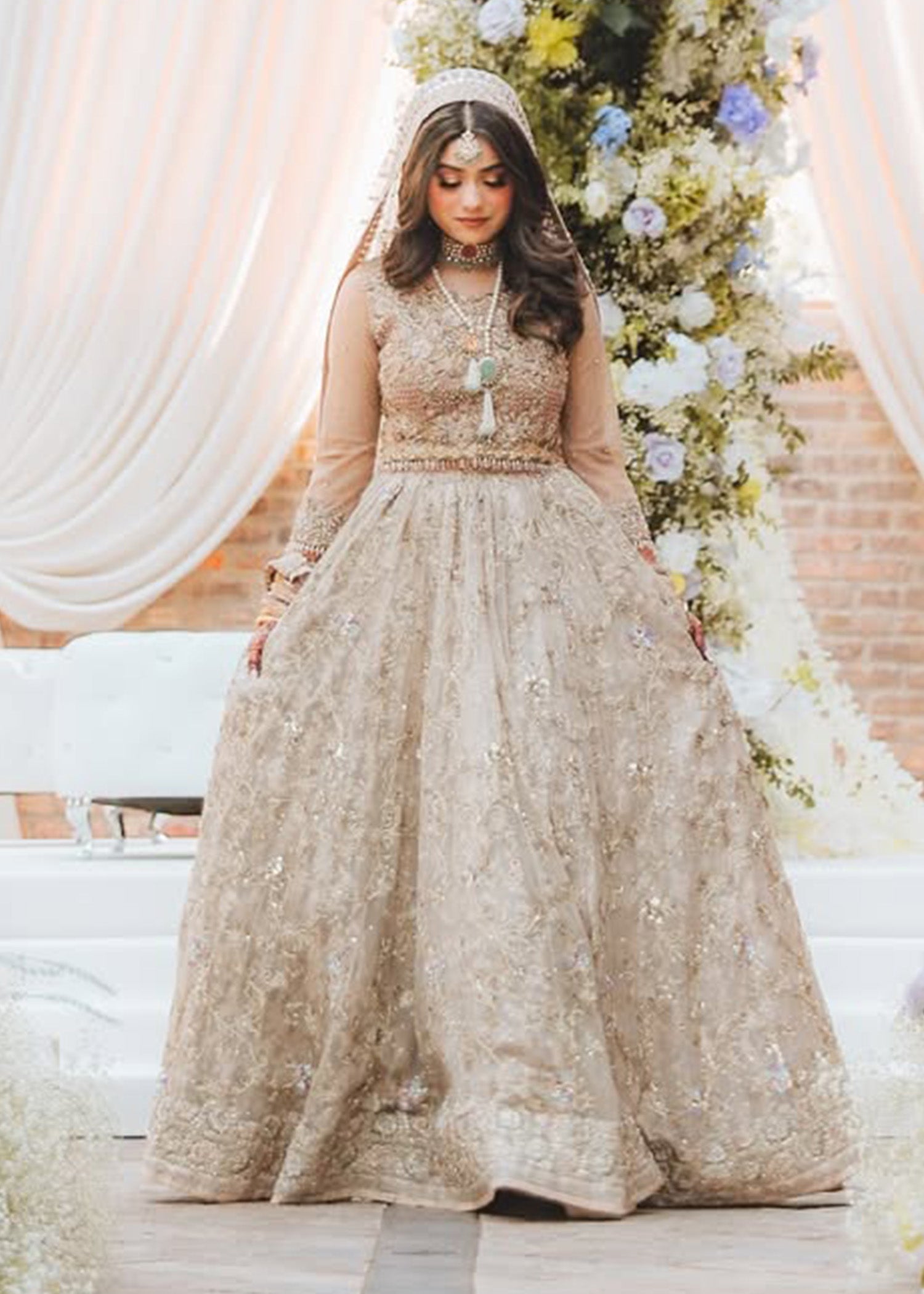 Champagne Gold Embellished Net Silk Bridal Lehenga (3-Piece) - Image 4