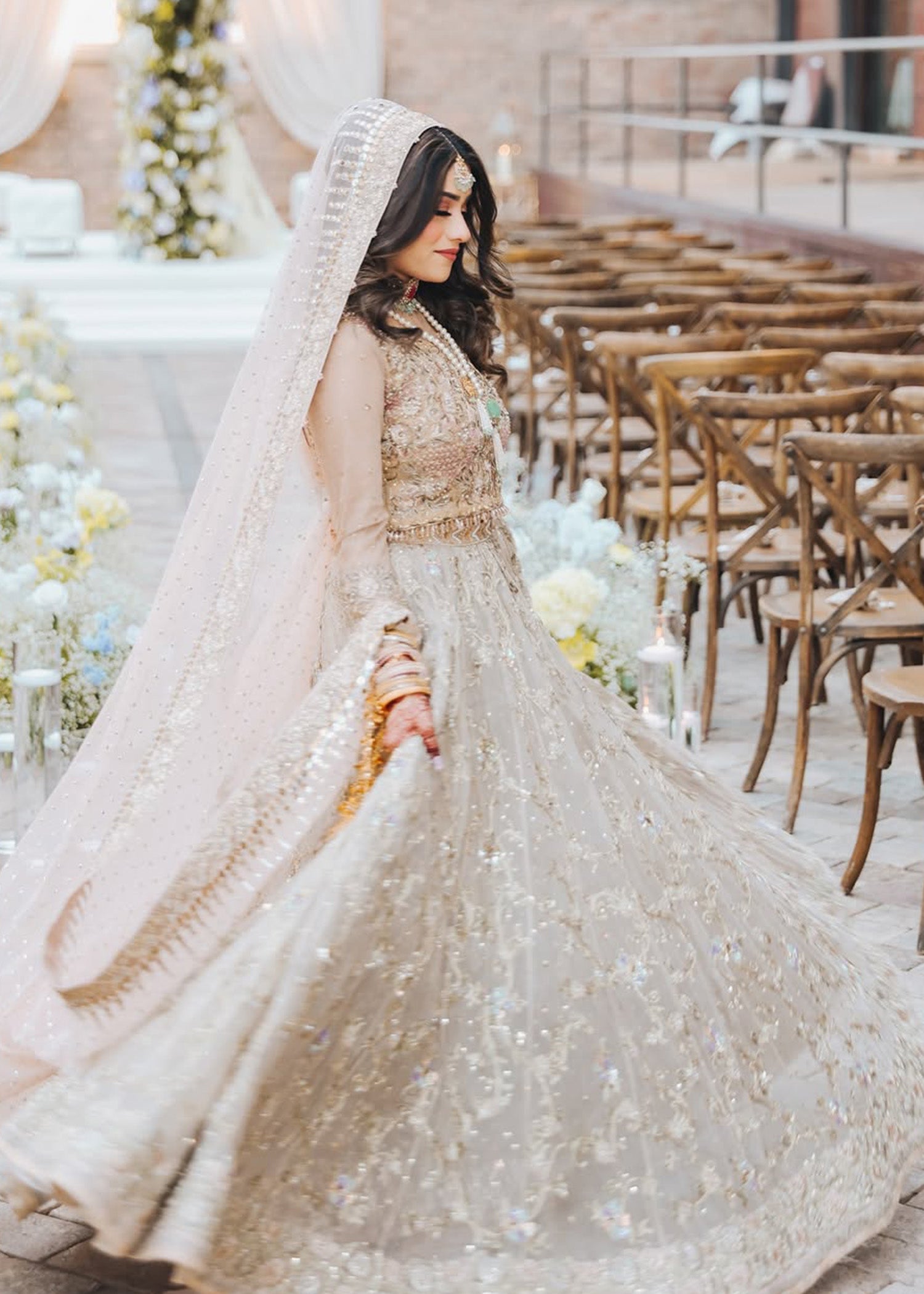 Champagne Gold Embellished Net Silk Bridal Lehenga (3-Piece) - Image 6