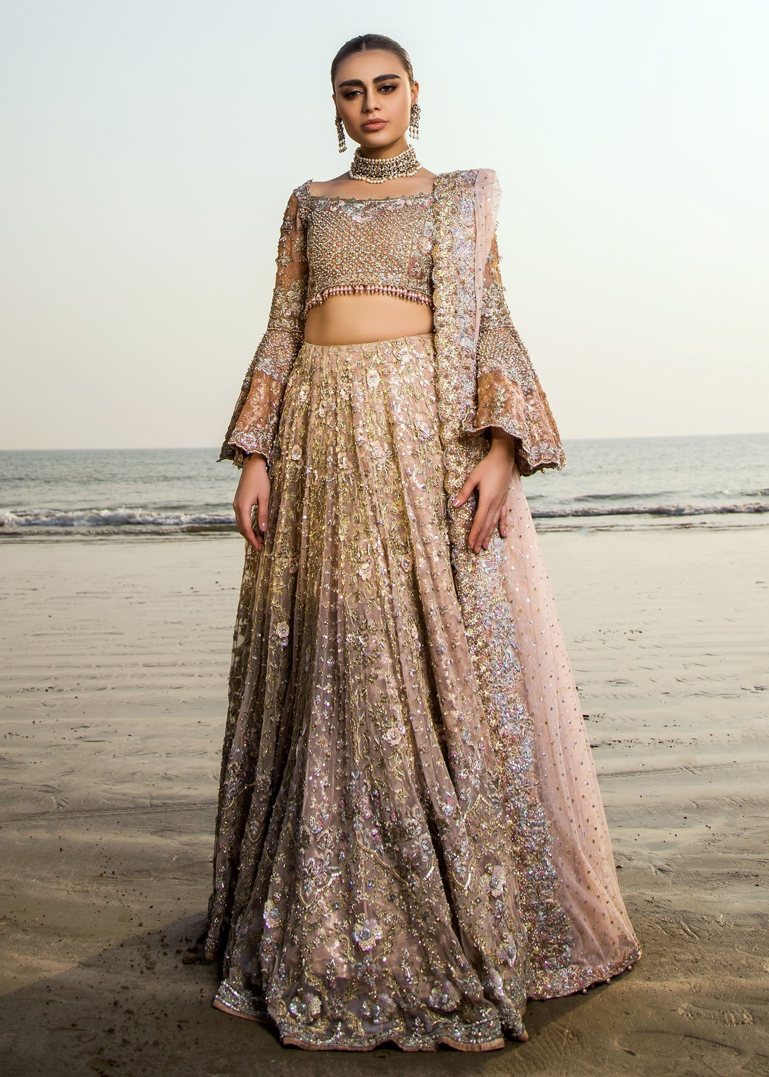 Rose Gold Embellished Net Bridal Lehenga (3-Piece) - Image 1