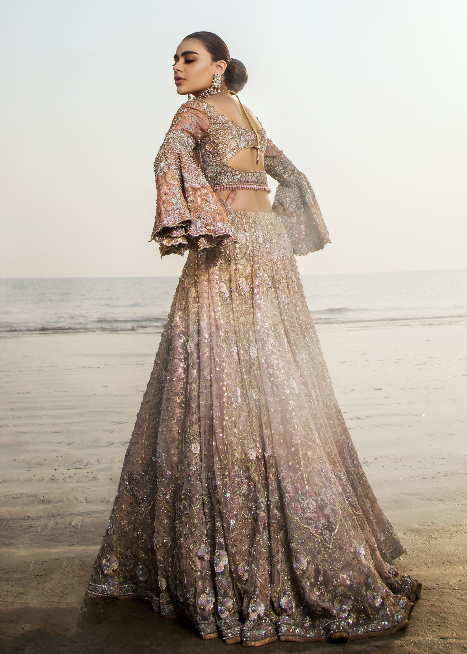 Rose Gold Embellished Net Bridal Lehenga (3-Piece) - Image 2