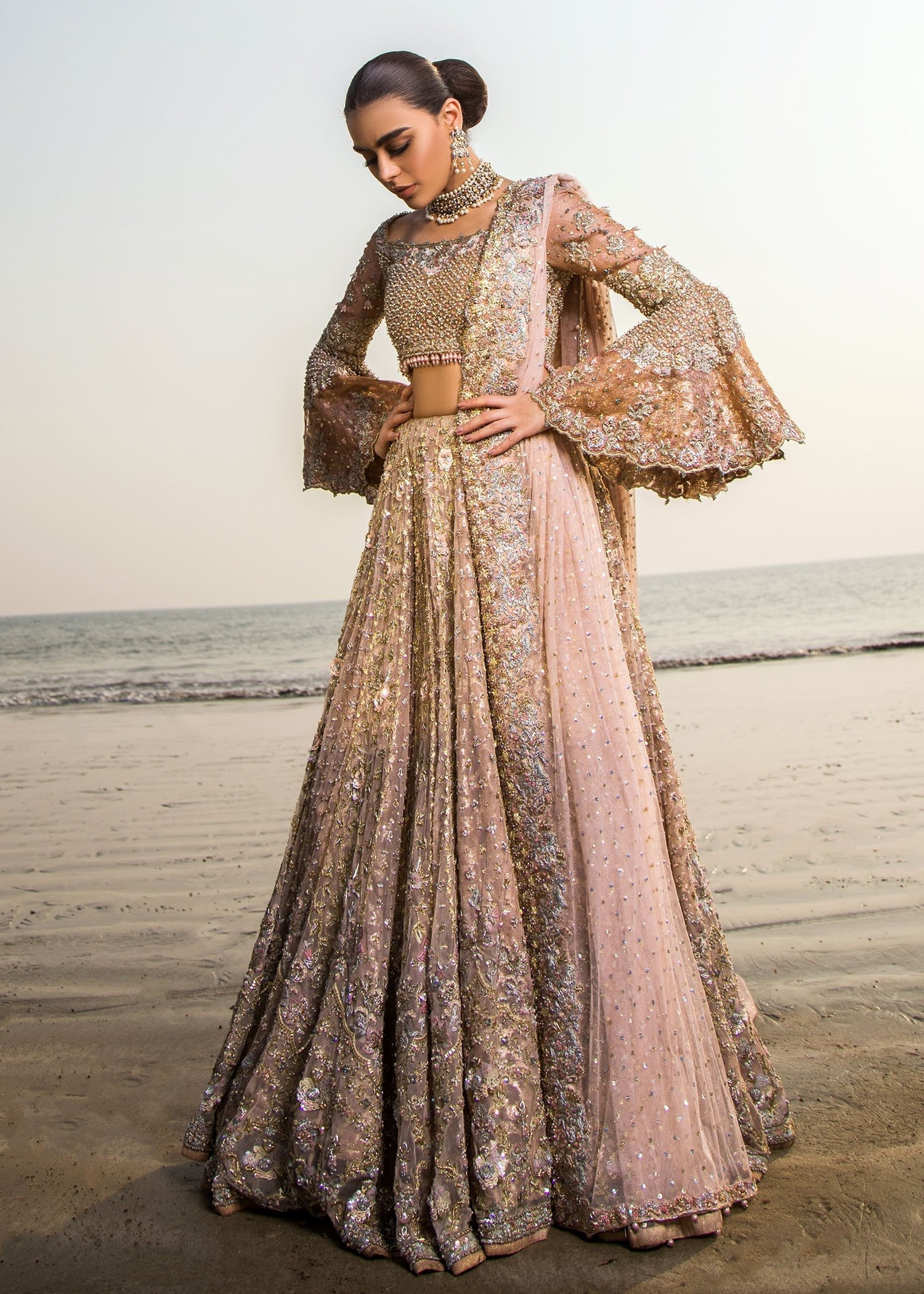 Rose Gold Embellished Net Bridal Lehenga (3-Piece) - Image 4