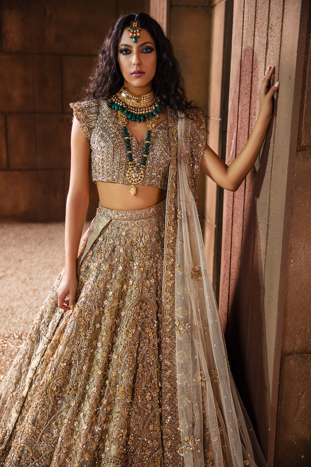 Pakistani Champagne Embellished Net Bridal Lehenga (3-Piece) - Image 2